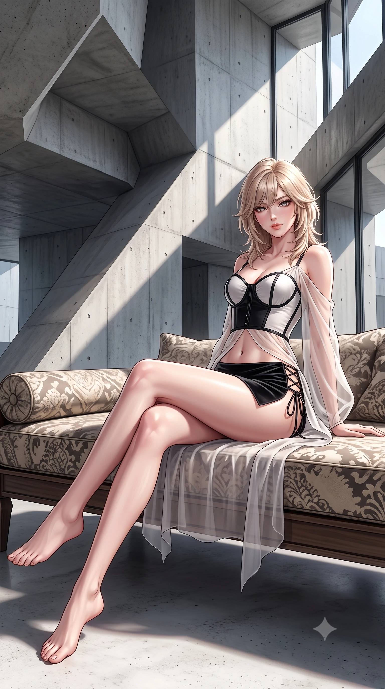 score_9, masterpiece, best quality, ultra-detailed, high-budget anime keyframe, semi-realistic 3D game render, editorial fashion photography, tasteful artistic composition, Japanese woman. low angle full-body shot from head to toe showing her feet, filling the entire 9:16 vertical frame with her statuesque presence, stretching her vertical silhouette. lounging on the lavish daybed with legs crossed and hips angled toward the camera, displaying her toned midriff and long slender limbs with effortless siren poise while twisting her slender torso in an alluring contrapposto stance, stark diagonal shadow wedges framing her narrow waist and rounded hips. The surrounding environment is rendered in vivid detail and crisp panoramic clarity: detailed second-skin stretch knit cling, glossy lip sheen, and sculptural brutalist architecture in razor-sharp precision. She has an absolutely perfect, statuesque 8.5-heads proportion, an exceptionally tall and slender model-like female figure with impossibly long slender legs, an ultra-slim waist, a flat toned midriff, narrow delicate ribcage, and beautifully sculpted feminine hips creating a graceful, slim hourglass silhouette without any bulky heaviness. sharp v-shaped jawline, high-bridge nose, sparkling eyes with hypnotic seductive depth, thick curled eyelashes, glossy parted lips with a natural dewy peach sheen, alluring bedroom-eyes with an enchanting coquettish smile, exuding magnetic siren charisma and sophisticated glamour, flawlessly proportioned anatomical accuracy, strict slender model proportions, natural body alignment, perfectly sculpted long slender limbs, ultra-slim waistline, clean dynamic posture without body distortion. wearing a structured Victorian boned leatherette corset bodice paired with an ultra-short micro-wrap velvet mini skirt in high-contrast minimalist monochrome black and pure alabaster white, made of sheer gossamer chiffon that drapes softly against skin with airy translucence, finished with fine criss-cross lace-up side ties revealing tantalizing glimpses of her hip curve, the precision-cut side openings and low-back scoop framing her graceful spine and the sensual sweep of her slim, toned hips. illuminated by concrete bounce fill and sharp platinum-white rim lights sculpting her jawline, flat midriff, and curvaceous hips. highly saturated vibrant anime colors, detailed shading with soft gradients, rich glossy textures, high-contrast stereoscopic depth, volumetric dynamic lighting, master piece, 9:16 ratio