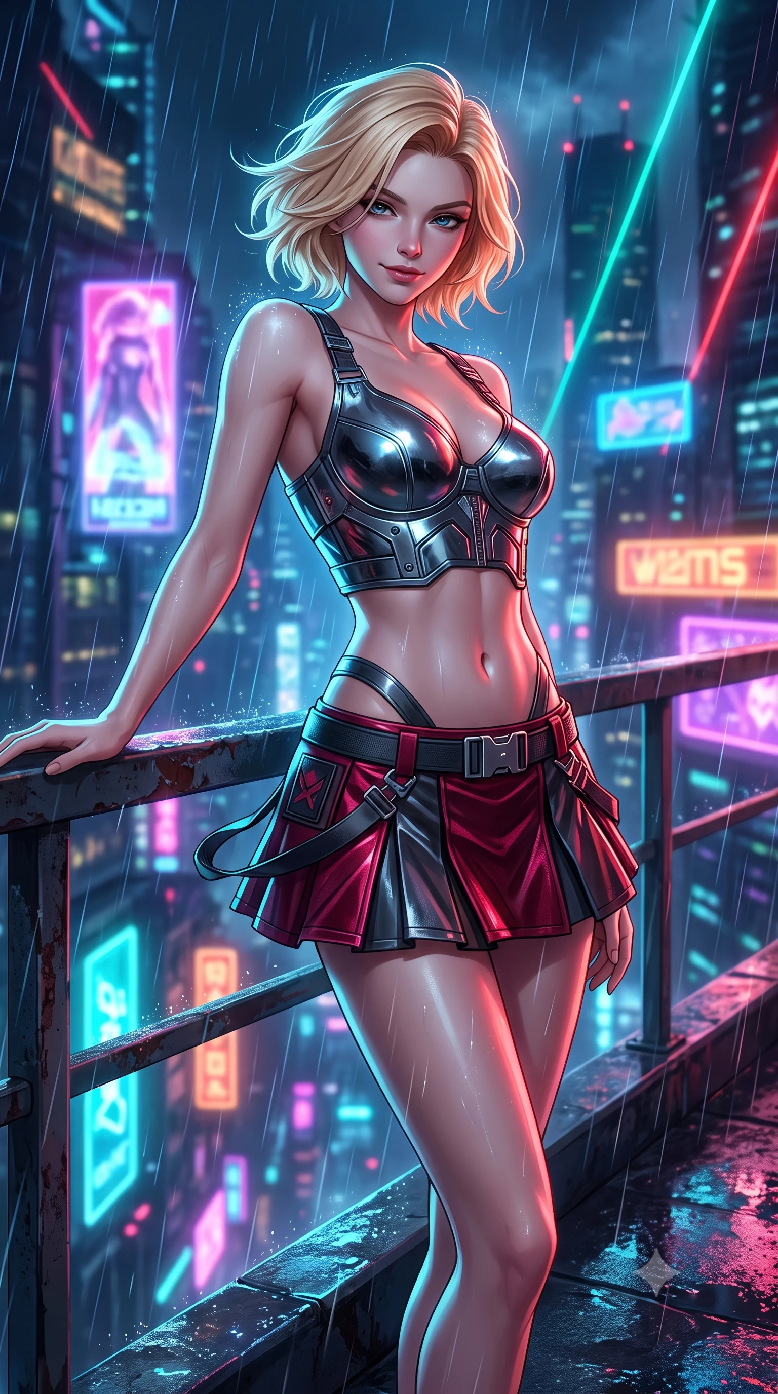 score_9, masterpiece, best quality, ultra-detailed, high-budget anime keyframe, semi-realistic 3D game render, editorial fashion photography, tasteful artistic composition, Caucasian woman. close-up cowboy shot from the waist and thighs up, the character dominates the composition, filling the frame with her large presence. turning slowly with an enchanting smoldering smile, her glossy hair tossing in the breeze as her hips angle gracefully in a captivating contrapposto while leaning against the weathered industrial parapet with hips cocked back, gazing down into the dizzying mile-deep neon canyon through laser rain with smoldering bedroom-eyes. The background shows a soft-focus fine neon-lit rain mist softened in cyberpunk citadel rooftop shallow focus. She has an exceptionally elegant, slender, and willowy female figure with an ultra-slim waist, flat toned midriff, narrow ribcage, and sculpted feminine hips creating an alluring, slim hourglass silhouette without bulk. sharp v-shaped jawline, high-bridge nose, intricate jewel-like sparkling eyes with depth, thick eyelashes, glossy parted lips with a natural peach sheen, bright cheerful beaming smile with an enchanting and coquettish sensual glint, exuding both youthful cute charm and seductive allure, flawlessly proportioned anatomical accuracy, strict slender model proportions, natural body alignment, perfectly sculpted long slender limbs, ultra-slim waistline, clean dynamic posture without body distortion. wearing a chrome-plated tactical combat bustier top with reinforced underwire paired with a low-rise pleated micro combat skirt in deep crimson hazard red and matte dark titanium, crafted from stretch micro-mesh with liquid foil coating that shimmers with every movement, finished with sleek magnetic buckle closures fluttering in the breeze, the form-contouring silhouette accentuating her sculpted flat midriff, narrow delicate ribcage, and gracefully curvy hips with intoxicating allure. illuminated by wet pavement reflection bounce and sharp laser-cyan rim lights defining her jawline, narrow waist, and curvy hips. highly saturated vibrant anime colors, detailed shading with soft gradients, rich glossy textures, high-contrast stereoscopic depth, volumetric dynamic lighting, master piece, 9:16 ratio