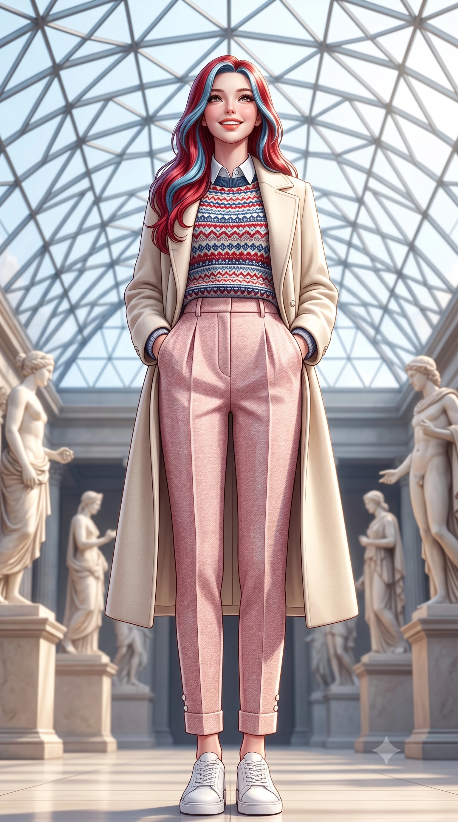 score_9, masterpiece, best quality, ultra-detailed, high-budget anime keyframe, semi-realistic 3D game render, editorial fashion photography, tasteful artistic composition, Caucasian woman. low angle full-body shot from head to toe showing her feet, filling the entire 9:16 vertical frame with her statuesque presence, stretching her vertical silhouette. standing tall and centered in the frame with hands tucked into her coat pockets, radiating statuesque poise and calm warmth while standing poised beneath the monumental geodesic glass roof canopy, gazing upward with an inspired, breathtaking smile. The background shows a soft-focus classical Greek sculptures on pedestals softened in majestic cultural sanctuary shallow focus. She has an exceptionally tall and slender model-like 8.5-heads proportion, an ultra-slim waist, a flat toned midriff, narrow delicate ribcage, and beautifully sculpted feminine hips creating a graceful, slim hourglass silhouette without any bulky heaviness, with impossibly long slender legs. sharp v-shaped jawline, high-bridge nose, intricate jewel-like sparkling eyes with depth, thick eyelashes, glossy parted lips with a natural peach sheen, bright cheerful beaming smile with an enchanting and coquettish sensual glint, exuding both youthful cute charm and seductive allure, flawlessly proportioned anatomical accuracy, strict slender model proportions, natural body alignment, perfectly sculpted long slender limbs, ultra-slim waistline, clean dynamic posture without body distortion. wearing a Fair Isle patterned lambswool knit sweater layered over an Oxford button-down shirt with pleated wool trousers in Parisian pastel rose bouclé and cream pearl, made of crisp Egyptian cotton poplin with pristine tailored pressing, finished with fine mother-of-pearl cuff buttons catching the soft ambient light, the streamlined silhouette following her natural slender proportions with sophisticated poise, enhancing her tall willowy presence. bathed in voluminous pure white zenithal daylight filtering through the vast geometric glass skylight canopy. highly saturated vibrant anime colors, detailed shading with soft gradients, rich glossy textures, high-contrast stereoscopic depth, volumetric dynamic lighting, master piece, 9:16 ratio