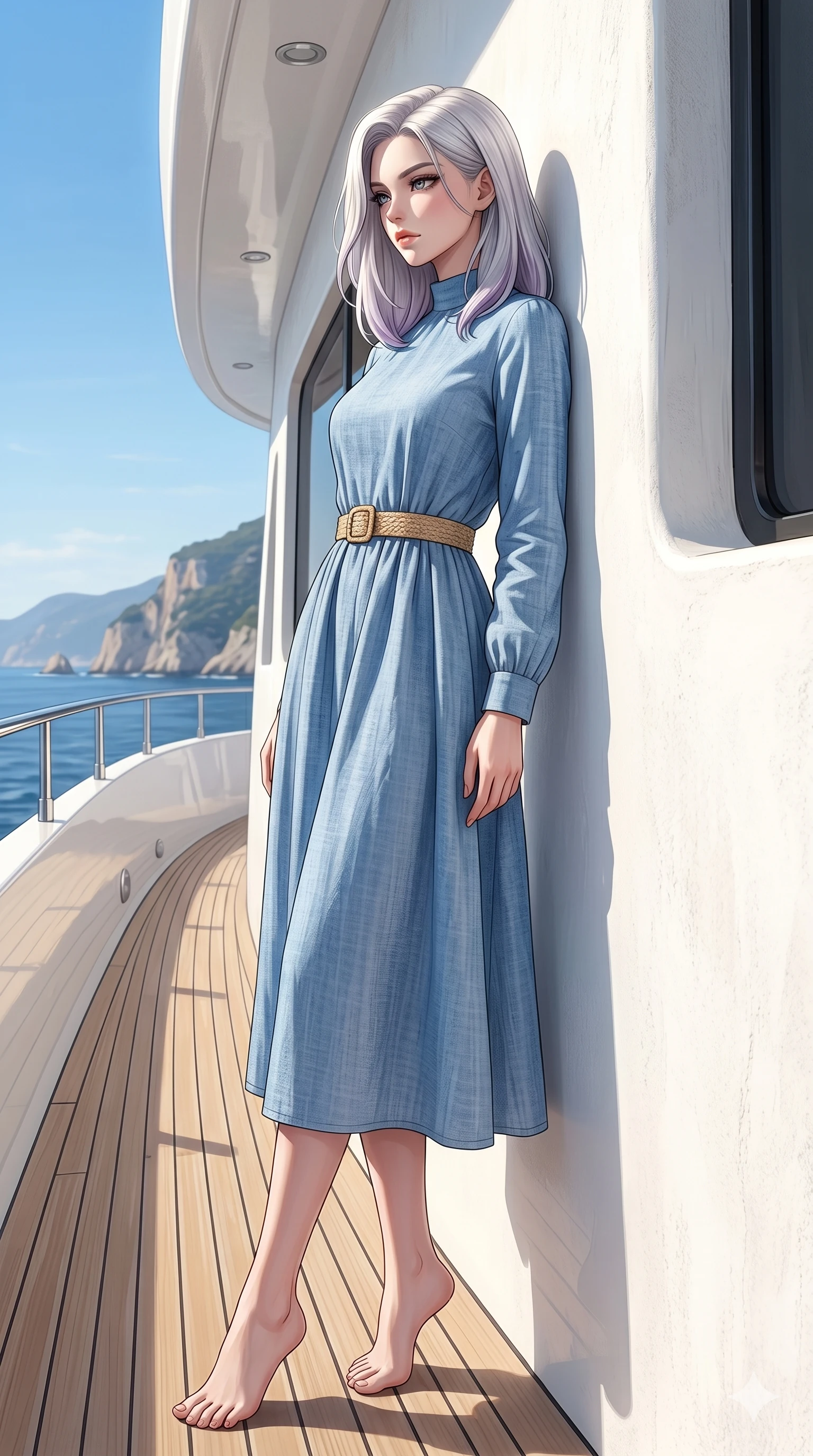 score_9, masterpiece, best quality, ultra-detailed, high-budget anime keyframe, editorial fashion photography, tasteful artistic composition, Caucasian woman, strictly human ears. low angle full-body shot from head to toe showing her feet, filling the entire 9:16 vertical frame with her statuesque presence, stretching her vertical silhouette. leaning against a whitewashed wall, casting a slow, magnetic gaze beneath her dark eyelashes on the teak deck of a luxury yacht cruising along a scenic coast under bright blue skies (Code-P19-010). She has an absolutely perfect 8-heads proportion, an exceptionally tall and slender female figure with impossibly long slender legs and an ultra-slim waist. V-shaped jawline, high-bridge nose, intricate jewel-like eyes with depth, thick eyelashes, glossy lips with a natural sheen. wearing a high-neck long-sleeved midi dress made of breathable light blue chambray cotton with a woven straw belt. illuminated by dramatic, high-angle sunshine that outlines her V-shaped jawline and high-bridge nose. 2k, ultra detail, master piece, 9:16 ratio