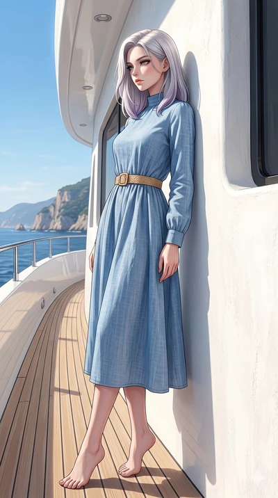 score_9, masterpiece, best quality, ultra-detailed, high-budget anime keyframe, editorial fashion photography, tasteful artistic composition, Caucasian woman, strictly human ears. low angle full-body shot from head to toe showing her feet, filling th
