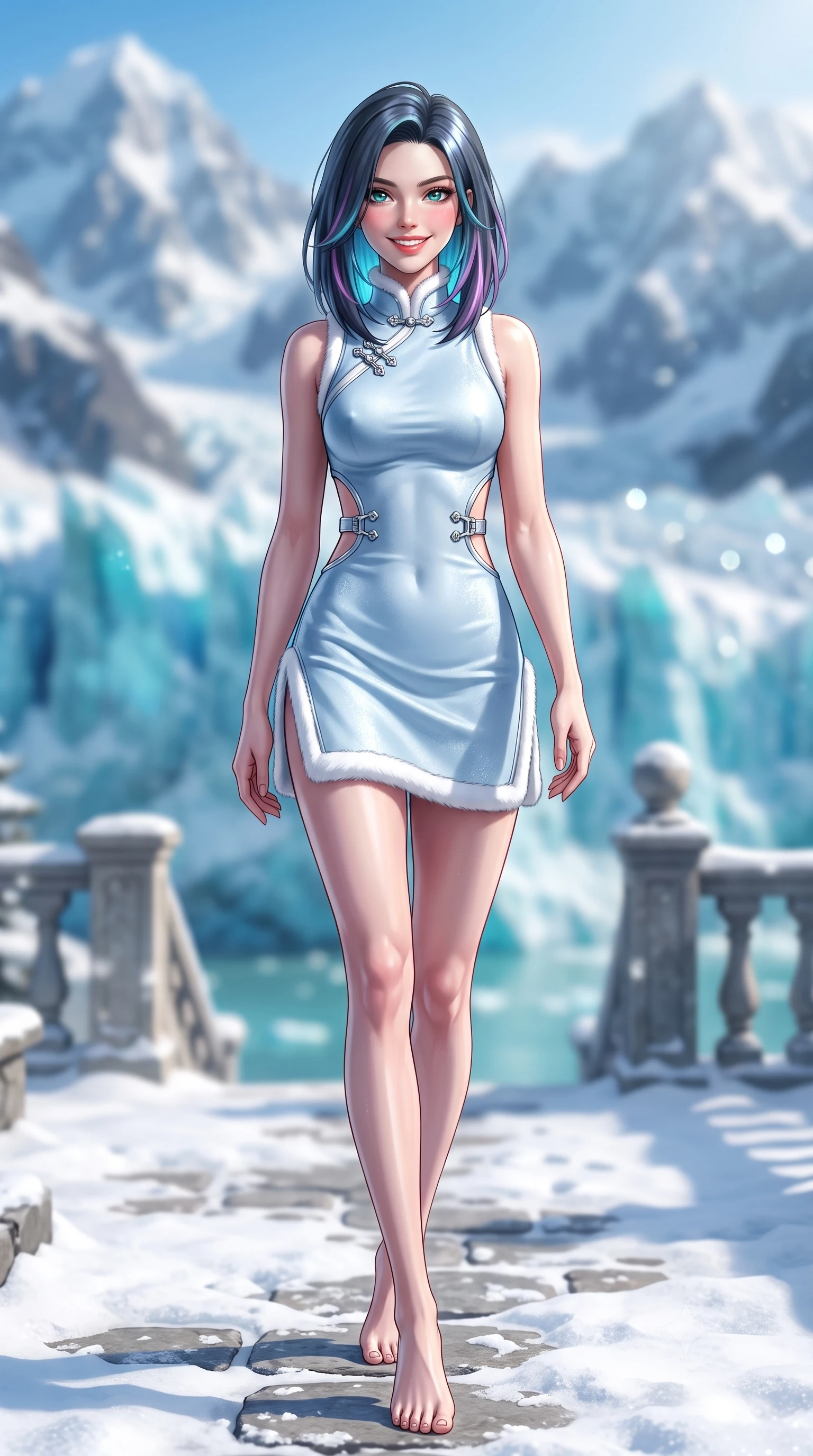 score_9, masterpiece, best quality, ultra-detailed, high-budget anime keyframe, semi-realistic 3D game render, editorial fashion photography, tasteful artistic composition, Caucasian woman. low angle full-body shot from head to toe showing her feet, filling the entire 9:16 vertical frame with her statuesque presence, stretching her vertical silhouette. stepping forward gracefully across the snow terrace in mid-motion with a radiant beaming smile, hips swaying in an alluring kinetic rhythm that accentuates her curvy hourglass silhouette and long slender legs while lounging gracefully on an outdoor stone bench with legs crossed, holding a warm thermos mug while casting a captivating bedroom-gaze. The composition keeps background elements in soft focus with dreamy creamy bokeh. the colossal Victoria Glacier and jagged snow-covered Rocky Mountains blurred into aquamarine, slate blue, and sparkling diamond bokeh. She has an exceptionally tall and slender model-like 8.5-heads proportion, an ultra-slim waist, a flat toned midriff, narrow delicate ribcage, and beautifully sculpted feminine hips creating a graceful, slim hourglass silhouette without any bulky heaviness, with impossibly long slender legs. sharp v-shaped jawline, high-bridge nose, sparkling ice-crystal eyes with depth, frosty thick lashes, glossy parted lips with a rosy berry sheen, bright playful smile with an intoxicating seductive glint, rosy flushed cheeks radiating cozy warmth and dangerous allure, flawlessly proportioned anatomical accuracy, strict slender model proportions, natural body alignment, perfectly sculpted long slender limbs, ultra-slim waistline, clean dynamic posture without body distortion. wearing a modern cute winter qipao mini dress in frost-blue silk with white fur trim and side hip slits in pure snowflake white and icy silver shimmer, crafted from ultra-soft pure Mongolian cashmere yarn with an airy cozy drape, accented with sculptural chrome hardware buckles framing the subtle cutouts, the form-contouring cut accentuating her sculpted flat midriff, narrow delicate ribcage, and gracefully curvy hips with alpine supermodel elegance. bathed in brilliant Canadian mountain sunlight reflecting off the vast frozen glacier basin. highly saturated vibrant anime colors, detailed shading with soft gradients, rich glossy textures, high-contrast stereoscopic depth, volumetric dynamic lighting, master piece, 9:16 ratio