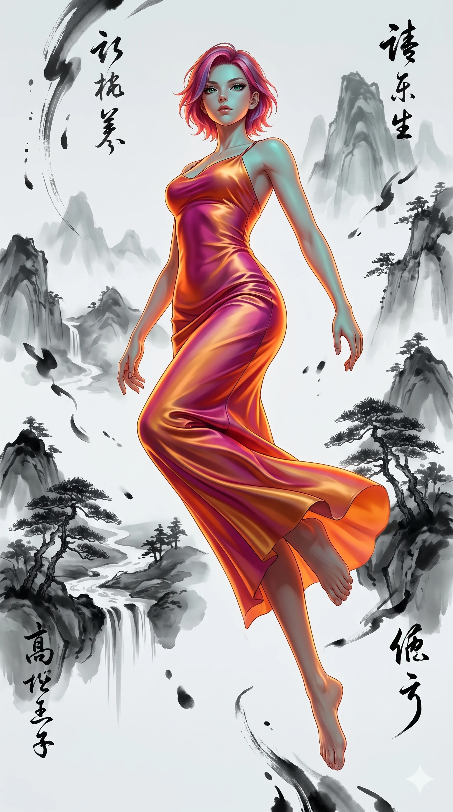 score_9, masterpiece, best quality, ultra-detailed, high-budget anime keyframe, editorial fashion photography, tasteful artistic composition, Caucasian woman, strictly human ears. low angle full-body shot from head to toe showing her feet, filling the entire 9:16 vertical frame with her statuesque presence, stretching her vertical silhouette. vaulting dynamically through suspended inside a three-dimensional Chinese ink wash painting where misty monochrome mountains streams and pine trees float in mid-air rendered in translucent gradations of black ink. She has a statuesque 8.5-heads proportion, an exceptionally tall, slender and willowy model-like build with impossibly long legs and a highly sculpted ultra-slim waist. sharp v-shaped jawline, high-bridge nose, intricate jewel-like eyes with depth, thick eyelashes, glossy lips with a natural sheen. wearing a liquid silk charmeuse gown in a sunset gradient of orange, magenta, and gold, clinging and pooling along her tall, slender silhouette. warm amber rim lighting combined with cool teal fill light creating dramatic contrast. 2k, ultra detail, master piece, 9:16 ratio