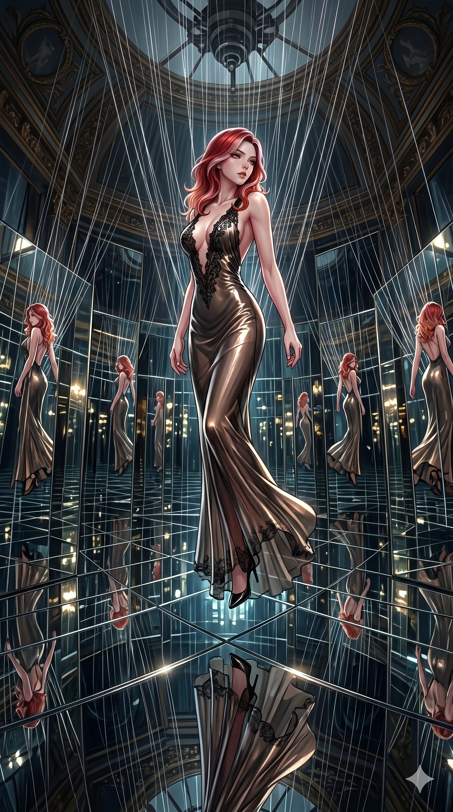 score_9, masterpiece, best quality, ultra-detailed, High-budget Anime Keyframe, East Asian woman. Dynamic full-body shot stretching the vertical silhouette to the limit. Scenario 56: Suspended by invisible silk threads in a hall of mirrors. Her presence is magnetic and overpowering in this high-budget anime scene. Outfit 56: A molten liquid silk mesh with a plunging V-neckline and delicate lace embroidery. The clothing is designed to emphasize her exceptionally tall and slender 8-heads proportion. 8-heads proportion, towering silhouette, ultra-slim waist. sharp v-shaped jawline, intricate jewel-like eyes with depth, thick eyelashes, glossy lips. 2k, ultra detail, master piece, 9:16 ratio