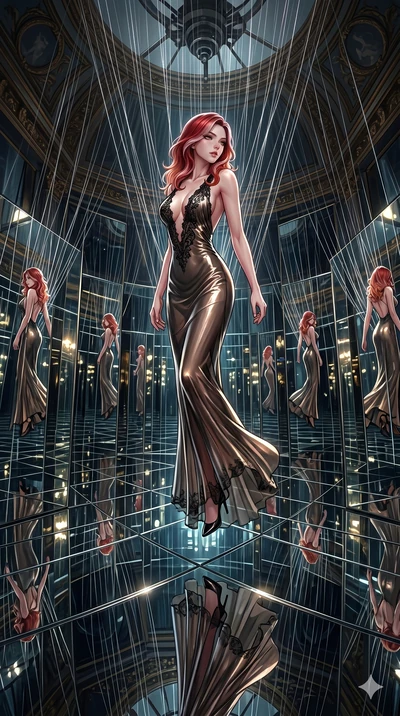 score_9, masterpiece, best quality, ultra-detailed, High-budget Anime Keyframe, East Asian woman. Dynamic full-body shot stretching the vertical silhouette to the limit. Scenario 56: Suspended by invisible silk threads in a hall of mirrors. Her prese