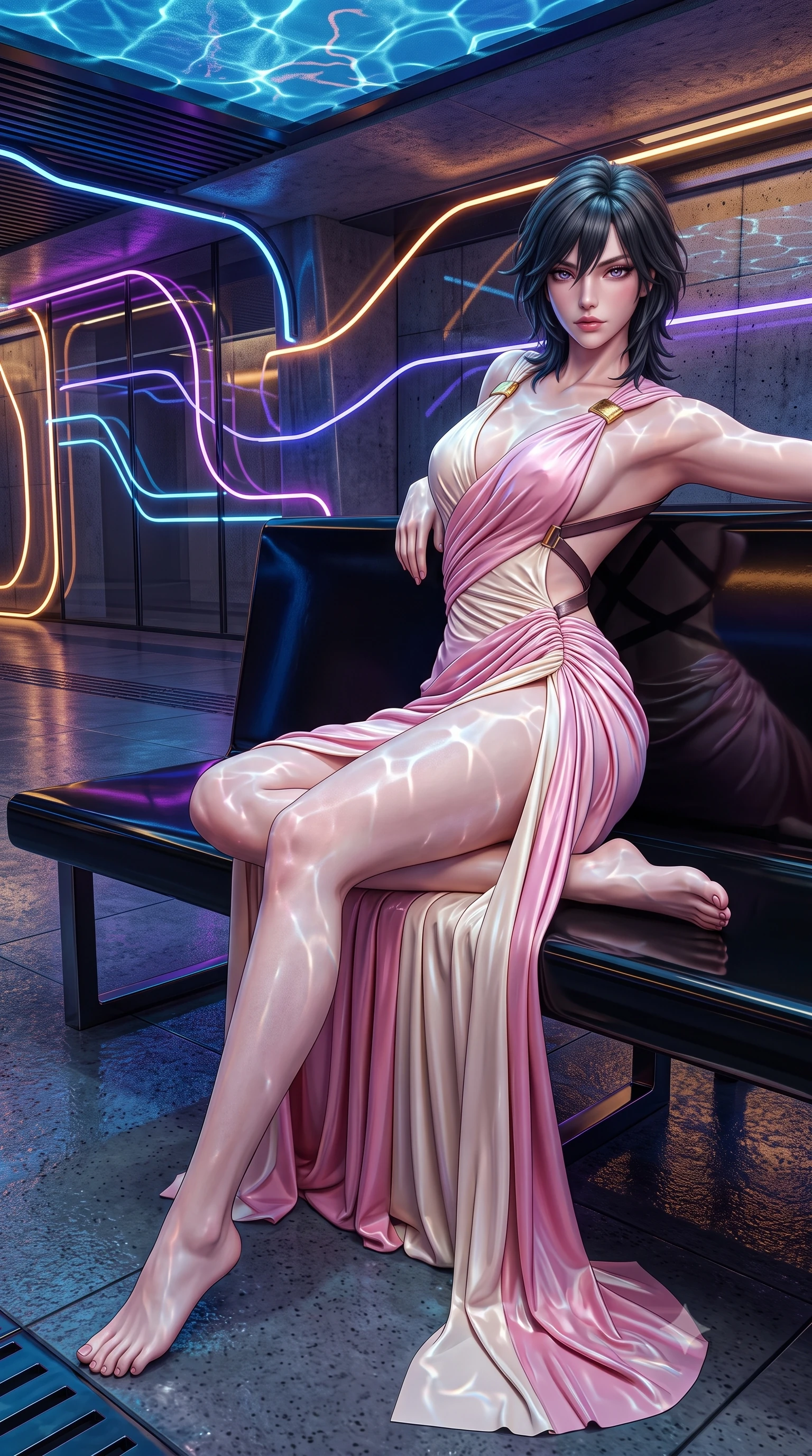score_9, masterpiece, best quality, ultra-detailed, high-budget anime keyframe, semi-realistic 3D game render, editorial fashion photography, tasteful artistic composition, Caucasian woman. low angle full-body shot from head to toe showing her feet, filling the entire 9:16 vertical frame with her statuesque presence, stretching her vertical silhouette. reclining on her side in an elegant Cleopatra pose with one knee drawn up, the dramatic contour of her rounded hips and long slender legs commanding the 9:16 vertical frame while reclining casually along a black obsidian waiting bench propped on one elbow, her slender waist and curved hips sculpted by pulsing subway neon lines. The surrounding environment is rendered in vivid detail and crisp panoramic clarity. detailed wet-look vinyl texture, aquatic light caustics on skin, and submerged underwater structural clarity in high resolution. She has an exceptionally tall and slender model-like 8.5-heads proportion, an ultra-slim waist, a flat toned midriff, narrow delicate ribcage, and beautifully sculpted feminine hips creating a graceful, slim hourglass silhouette without any bulky heaviness, with impossibly long slender legs. sharp v-shaped jawline, high-bridge nose, intricate jewel-like eyes with depth, thick eyelashes, glossy parted lips with a natural sheen, intensely captivating and seductive bedroom-eyes expression, flawlessly proportioned anatomical accuracy, strict slender model proportions, natural body alignment, perfectly sculpted long slender limbs, ultra-slim waistline, clean dynamic posture without body distortion. wearing a high-slit Grecian goddess draped gown with asymmetrical gold shoulder clasps and hip gathering in sakura blossom pink and warm ivory, tailored from liquid silk jersey adhering flawlessly to her slender build, featuring an open-back criss-cross harness strap in dark leather, the glove-like aerodynamic silhouette tightly following the natural contour of her hips and long slender legs with statuesque 8.5-heads elegance. illuminated by shimmering water caustic reflections accentuating her sculpted midriff, narrow waist, and curvy hips. highly saturated vibrant anime colors, detailed shading with soft gradients, rich glossy textures, high-contrast stereoscopic depth, volumetric dynamic lighting, master piece, 9:16 ratio