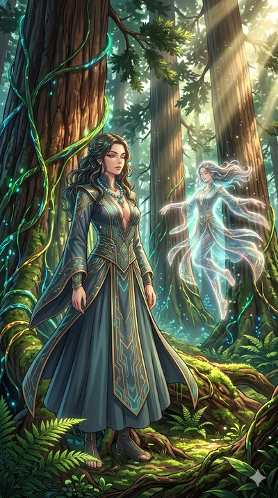 score_9, masterpiece, best quality, ultra-detailed, Set A: High-budget Anime Keyframe, Caucasian (human ears) woman. Low angle cowboy shot filling the entire 9:16 frame with her statuesque presence. Theme: Primal Nature. meditating in a giant redwood