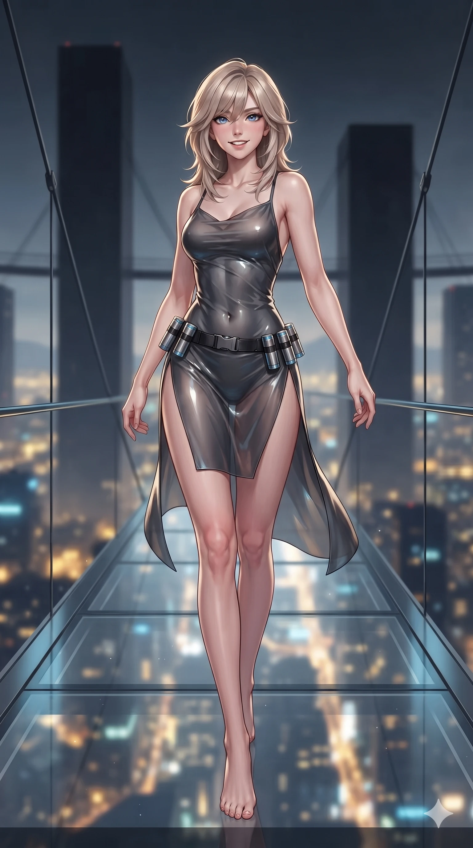 score_9, masterpiece, best quality, ultra-detailed, high-budget anime keyframe, editorial fashion photography, tasteful artistic composition, Japanese woman. low angle full-body shot from head to toe showing her feet, filling the entire 9:16 vertical frame with her statuesque presence, stretching her vertical silhouette. stepping forward in a confident stride along the catwalk, her long slender legs and curvaceous hips creating a dynamic, sweeping vertical line while twisting her slender torso in an alluring contrapposto stance, shimmering city light reflections tracing her narrow waist and curvy hips through the transparent glass floor. The background shows a soft-focus soaring minimalist black stone monolith towers, suspended skybridge cables, and endless sprawling metropolis lights thousands of meters below blurred into gold, azure, and charcoal bokeh. She has an absolutely perfect, statuesque 8.5-heads proportion, an exceptionally tall and slender model-like female figure with impossibly long slender legs, an ultra-slim waist, a flat toned midriff, narrow delicate ribcage, and beautifully sculpted feminine hips creating a graceful, slim hourglass silhouette without any bulky heaviness. sharp v-shaped jawline, high-bridge nose, intricate jewel-like sparkling eyes with depth, thick eyelashes, glossy parted lips with a natural sheen, bright confident smile with an enchanting and coquettish sensual glint, exuding both youthful magnetic charm and sovereign high-tech allure, flawlessly proportioned anatomical accuracy, strict slender model proportions, natural body alignment, perfectly sculpted long slender limbs, ultra-slim waistline, clean dynamic posture without body distortion. wearing a form-contouring gossamer cyber-chiffon flight slip with a hip-high slit and open cowl back clinging with dewy moisture in charcoal grey and polished chrome, tailored from ultra-reflective glossy liquid vinyl with mirror-like specular highlights, accented with a sleek utility belt with polished magnetic canisters resting loosely on her curvy hips, the bespoke structured tailoring following the natural line of her 8.5-heads silhouette with refined elegance. illuminated by glass floor bounce and sharp azure-gold rim lights defining her razor-sharp jawline, narrow waist, and curvy hips. ultra-reflective glossy finish, specular highlights, rich textural contrasts, high-contrast stereoscopic depth, volumetric dynamic lighting, 2k, ultra detail, master piece, 9:16 ratio