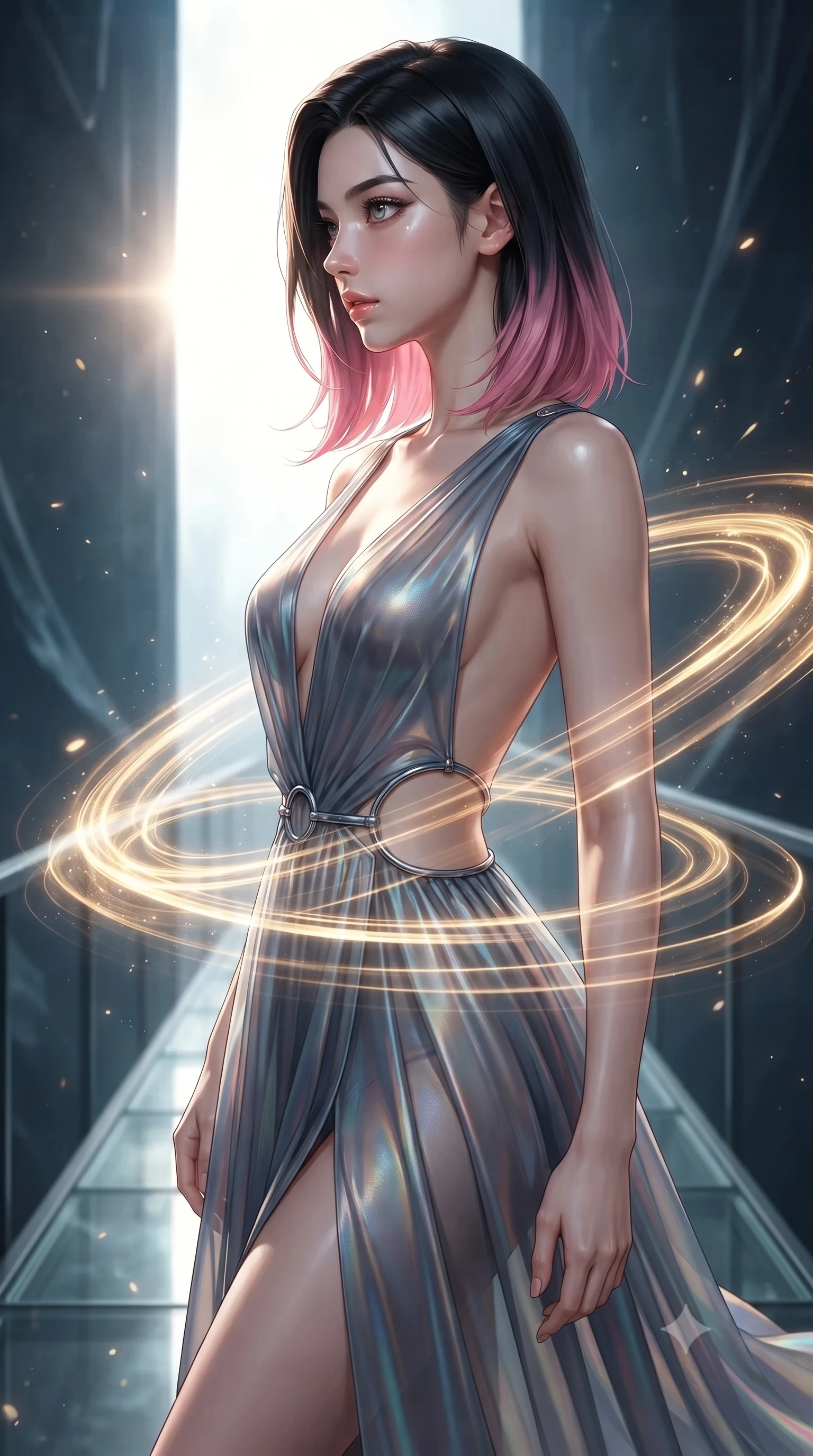 score_9, masterpiece, best quality, ultra-detailed, high-budget anime keyframe, editorial fashion photography, tasteful artistic composition, Korean woman. close-up cowboy shot from the waist and thighs up, the character dominates the composition, filling the frame with her large presence, background elements kept in soft focus. Turning her face in sharp dramatic profile against the bright light, showcasing her sharp v-shaped jawline poised on a glass walkway suspended inside a temporal rift rift chamber, golden temporal energy rings swirling around her waist and arms. She has an exceptionally elegant, slender, and willowy female figure with an ultra-slim waist, a gracefully sculpted slender torso, and a refined silhouette. sharp v-shaped jawline, high-bridge nose, intricate jewel-like eyes with depth, thick eyelashes, glossy lips with a natural sheen. wearing a translucent iridescent chiffon gown with a plunging neckline and open back in slate blue and metallic silver, crafted from iridescent chiffon that shifts colors in the light, accented with delicate chrome ring hardware framing her waist, the elegant draped fit framing her graceful clavicle and slender torso. surrounded by a mysterious, timeless atmosphere with deep warm gradients. ultra-reflective glossy finish, specular highlights, metallic sheen, high-contrast stereoscopic depth, volumetric dynamic lighting, 2k, ultra detail, master piece, 9:16 ratio