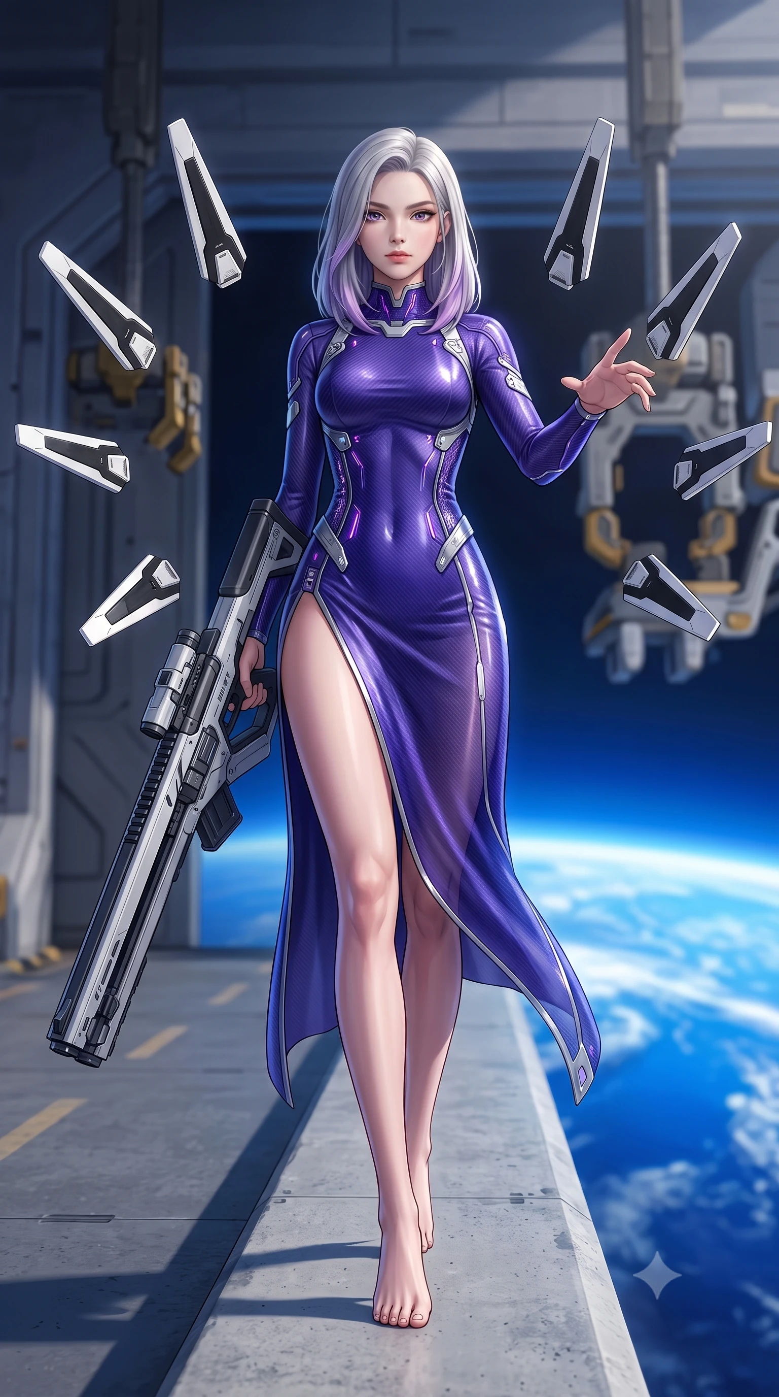 score_9, masterpiece, best quality, ultra-detailed, high-budget anime keyframe, semi-realistic 3D game render, editorial fashion photography, tasteful artistic composition, Caucasian woman. low angle full-body shot from head to toe showing her feet, filling the entire 9:16 vertical frame with her statuesque presence, stretching her vertical silhouette. striding forward with commanding supermodel grace, weapon held at the ready, her 8.5-heads statuesque silhouette dominating the vertical frame from head to toe while kneeling gracefully on one knee along the hangar edge with railgun primed as Earth's blue curvature shines below. The composition keeps background elements in soft focus with creamy bokeh. massive hangar blast doors and starship docking clamps softened in smooth atmospheric depth of field. She has an absolutely perfect, statuesque 8.5-heads proportion, an exceptionally tall and slender model-like female figure with impossibly long slender legs, a toned flat midriff, and an ultra-slim waist. sharp v-shaped jawline, high-bridge nose, intricate jewel-like eyes with depth, thick eyelashes, glossy lips with a natural sheen, flawlessly proportioned anatomical accuracy, strict slender model proportions, natural body alignment, perfectly sculpted long slender limbs, ultra-slim waistline, clean dynamic posture without body distortion. wearing a precision-fitted royal purple carbon-fiber battle-dress with high-slit tactical skirt and silver accents, directing eight floating nano-crystal funnel blades with sovereign gestures in monochrome white enamel carbon with high-contrast black panels, crafted from semi-translucent cybernetic carbon-vinyl interwoven with glowing micro-filaments, finished with high-mobility articulation joints and miniature magnetic armor locks, the sleek second-skin cut tightly hugging her graceful clavicle, narrow waist, and feminine curves with athletic precision. bathed in dazzling natural orbital sunlight and rich blue planetary ambient bounce light. rich saturated anime colors with glowing neon highlights, detailed shading with soft gradients, rich glossy textures, high-contrast stereoscopic depth, volumetric dynamic lighting, master piece, 9:16 ratio