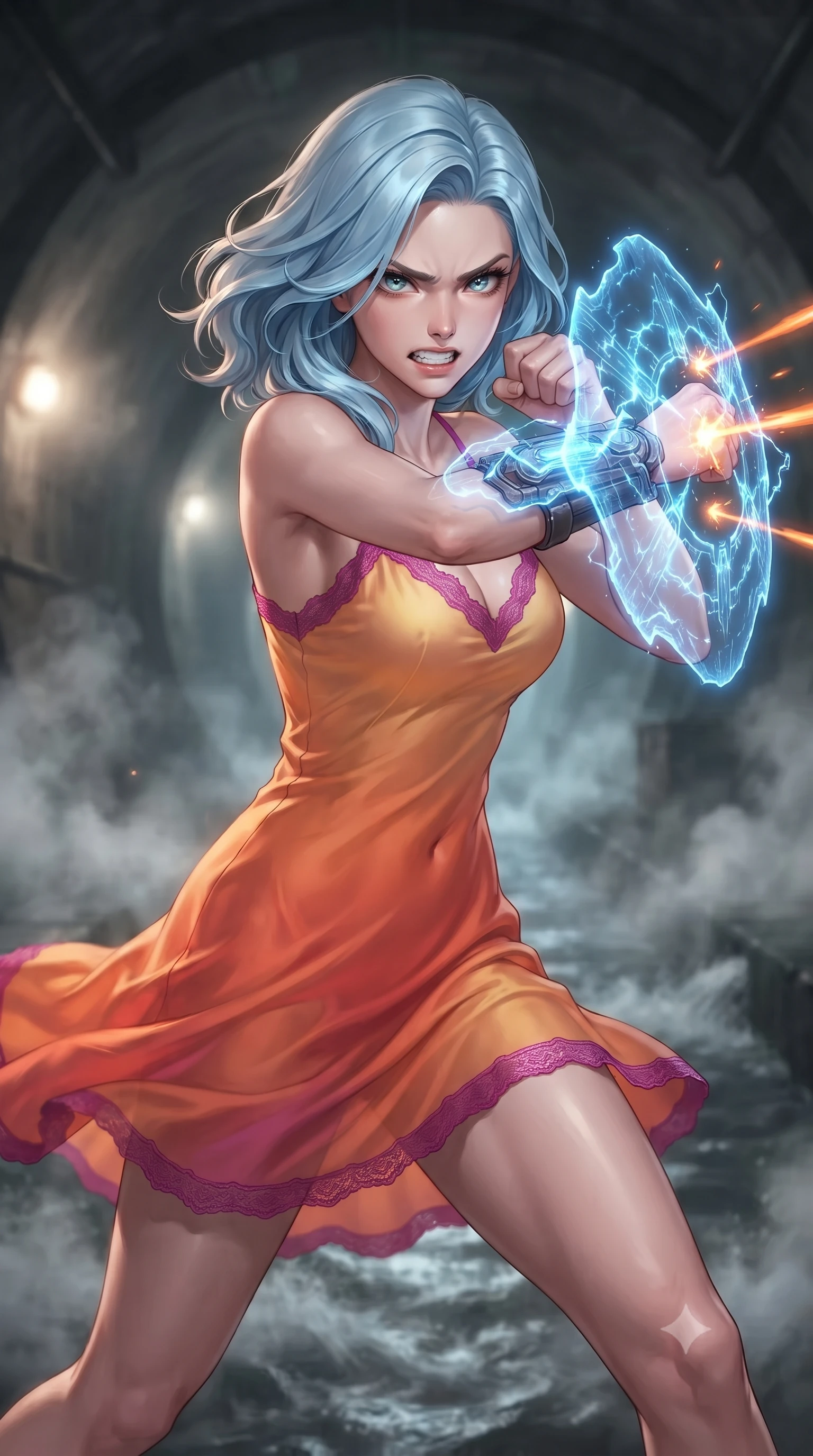 score_9, masterpiece, best quality, ultra-detailed, high-budget anime keyframe, editorial fashion photography, tasteful artistic composition, realistic cosplay photography, Korean woman. close-up cowboy shot from the waist and thighs up, the character dominates the composition, filling the frame with her large presence, background elements kept in soft focus. Deflecting incoming plasma bolts with a glowing energy shield attached to her forearm, teeth grit in determination. set against a soft-focus background of a giant concrete sewer pipe, water rushing rapidly along the center while steam vents create a heavy fog. She has an exceptionally elegant and slender, willowy female figure with an ultra-slim waist, a gracefully sculpted slender torso, and a refined slim physique. sharp v-shaped jawline, high-bridge nose, intricate jewel-like eyes with depth, thick eyelashes, glossy lips with a natural sheen. wearing the lightweight fabric rippling and billowing dramatically with her movement, a slim-fit gossamer-thin silk slip dress in a sunset orange gradient, detailed with magenta lace-trimmed edges. soft glowing ambient light with sharp side key light tracing the sleek contours of her figure. ultra-reflective glossy finish, specular highlights, metallic sheen, high-contrast stereoscopic depth, volumetric dynamic lighting, 2k, ultra detail, master piece, 9:16 ratio