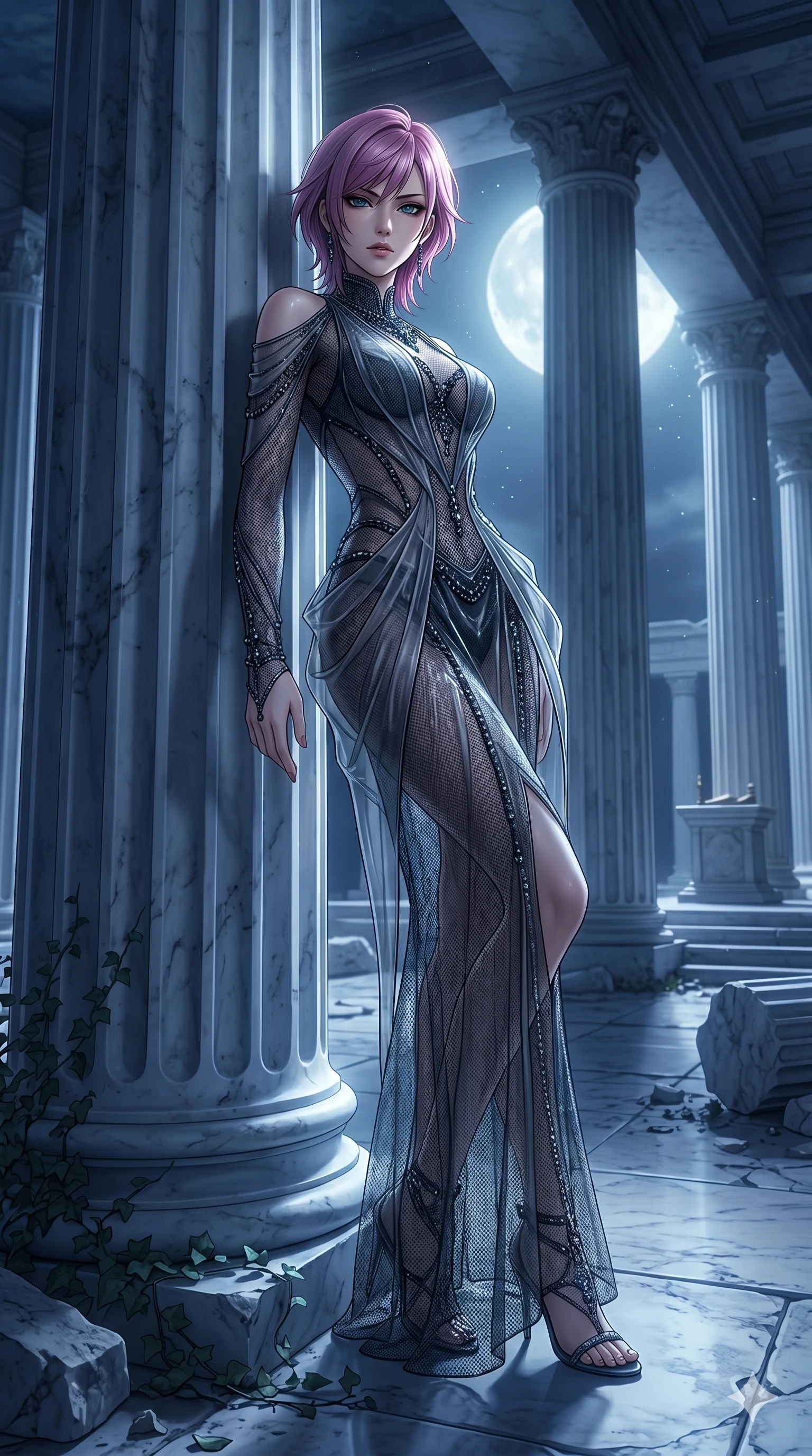 score_9, masterpiece, best quality, ultra-detailed, High-budget Anime Keyframe, East Asian woman. Low angle cowboy shot filling the entire 9:16 frame with her statuesque presence. Scenario 53: Leaning against a cold marble pillar in a moonlit greek temple. Her presence is magnetic and overpowering in this high-budget anime scene. Outfit 53: A fine technical mesh texture lace liquid with a translucent architectural overlays and wet-look texture. The clothing is designed to emphasize her exceptionally tall and slender 8-heads proportion. 8-heads proportion, towering silhouette, ultra-slim waist. sharp v-shaped jawline, intricate jewel-like eyes with depth, thick eyelashes, glossy lips. 2k, ultra detail, master piece, 9:16 ratio