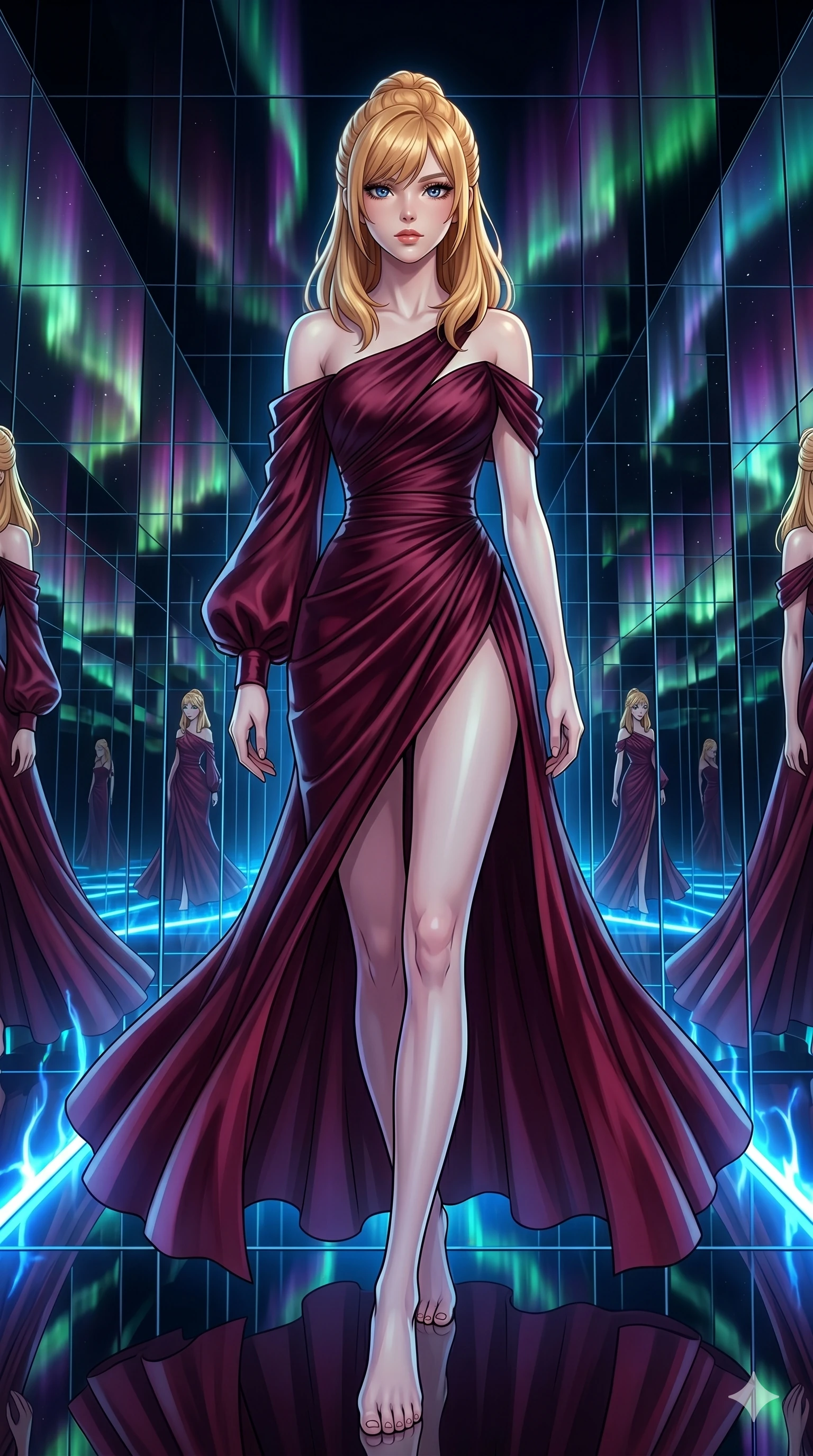score_9, masterpiece, best quality, ultra-detailed, high-budget anime keyframe, editorial fashion photography, tasteful artistic composition, Caucasian woman, strictly human ears. low angle full-body shot from head to toe showing her feet, filling the entire 9:16 vertical frame with her statuesque presence, stretching her vertical silhouette. Striding confidently forward with elongated powerful stride inside an infinite obsidian mirror hall reflecting fractured aurora borealis patterns. She has an absolutely perfect 8-heads proportion, an exceptionally tall and slender female figure with impossibly long slender legs and an ultra-slim waist. V-shaped jawline, high-bridge nose, intricate jewel-like eyes with depth, thick eyelashes, glossy lips with a natural sheen. wearing a dramatically off-shoulder deep burgundy silk charmeuse draped gown with one long sleeve and one bare shoulder, fitted closely at the bodice and releasing into a full floor-sweeping skirt. highlighted by pulsing electric blue plasma arc lighting from below, casting dramatic upward shadows. 2k, ultra detail, master piece, 9:16 ratio