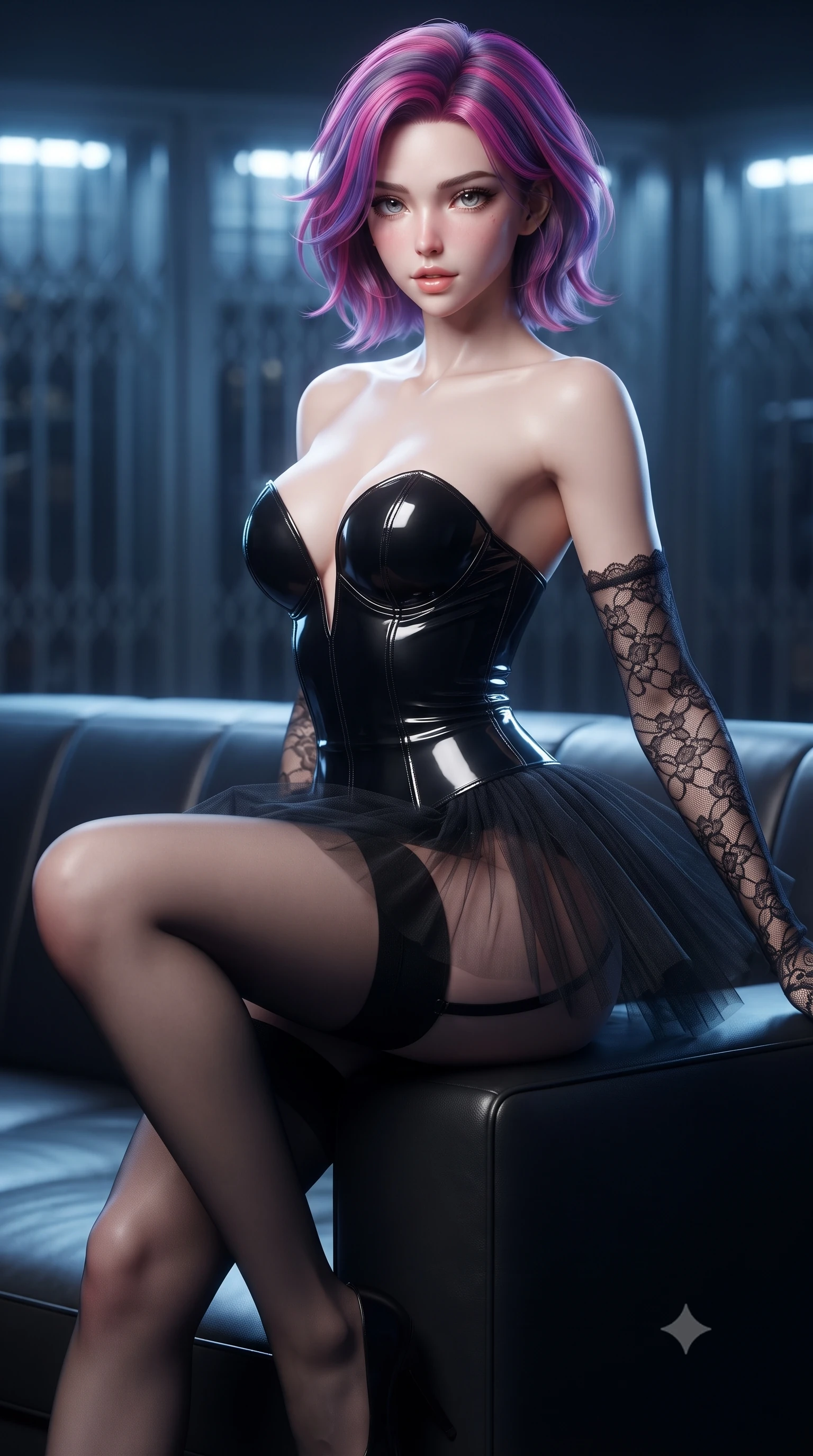 score_9, masterpiece, best quality, ultra-detailed, high-budget anime keyframe, editorial fashion photography, tasteful artistic composition, Caucasian woman. close-up cowboy shot from the waist and thighs up, the character dominates the composition, filling the frame with her large presence. perched sideways on the lounge seat, one knee drawn up to showcase her slender leg line while her arched back accentuates her feminine hip curve while twisting her slender torso in an alluring S-curve, cool LED backlights sculpting her flat midriff, narrow waist, and feminine hip curve. The background shows a soft-focus armory security grilles softened in clandestine bunker shallow focus. She has an exceptionally elegant, slender, and willowy female figure with an ultra-slim waist, flat toned midriff, narrow ribcage, and sculpted feminine hips creating an alluring, slim hourglass silhouette without bulk. sharp v-shaped jawline, high-bridge nose, sparkling eyes with hypnotic seductive depth, thick curled eyelashes, glossy parted lips with a natural dewy peach sheen, alluring bedroom-eyes with an enchanting coquettish smile, exuding magnetic siren charisma and sophisticated glamour, flawlessly proportioned anatomical accuracy, strict slender model proportions, natural body alignment, perfectly sculpted long slender limbs, ultra-slim waistline, clean dynamic posture without body distortion. wearing a plunging sweetheart-neckline boned satin ballet bustier paired with an ultra-short sheer tulle micro-tutu and silk stockings in high-contrast monochrome black and optic white, crafted from wet-look high-gloss vinyl fabric with dazzling specular surface reflections, complemented by sheer opera-length lace evening gloves tracing her slender arms, the form-contouring silhouette accentuating her sculpted flat midriff, narrow delicate ribcage, and gracefully curvy hips with intoxicating allure. illuminated by polished steel tabletop bounce and sharp platinum rim lights defining her razor-sharp jawline, narrow waist, and curvy hips. ultra-reflective glossy finish, specular highlights, rich textural contrasts, high-contrast stereoscopic depth, volumetric dynamic lighting, 2k, ultra detail, master piece, 9:16 ratio