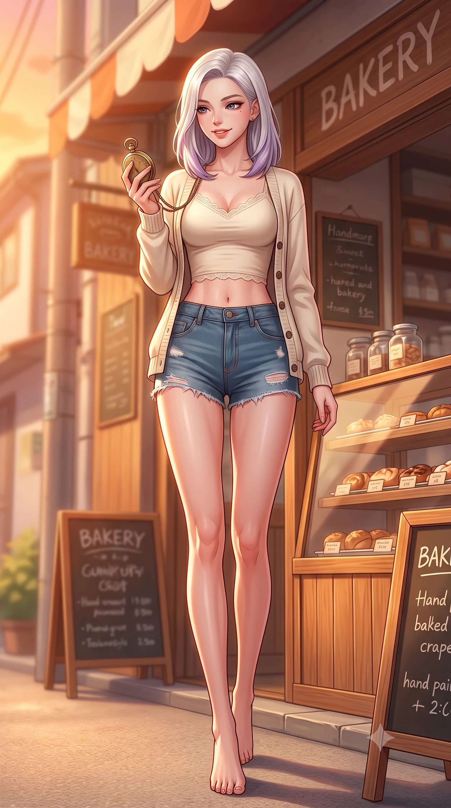 score_9, masterpiece, best quality, ultra-detailed, high-budget anime keyframe, editorial fashion photography, tasteful artistic composition, Caucasian woman. low angle full-body shot from head to toe showing her feet, filling the entire 9:16 vertical frame with her statuesque presence, stretching her vertical silhouette. stepping forward with an alluring, magnetic smile, her graceful posture highlighting her statuesque silhouette set against a soft-focus background of in front of a cozy bakery shop in a quiet residential alley holding a vintage brass pocket watch with a curious, playful look. She has an absolutely perfect, statuesque 8.5-heads proportion, an exceptionally tall and slender model-like female figure with impossibly long slender legs and an ultra-slim waist. sharp v-shaped jawline, high-bridge nose, intricate jewel-like eyes with depth, thick eyelashes, glossy lips with a natural sheen. wearing body-hugging delicate lace-trim crop top in cream, worn under an open preppy cardigan and denim shorts. cozy golden hour sunset light painting the wooden shopfronts in orange. highly saturated vibrant anime colors, detailed shading with soft gradients, rich glossy textures, high-contrast stereoscopic depth, volumetric dynamic lighting, master piece, 9:16 ratio