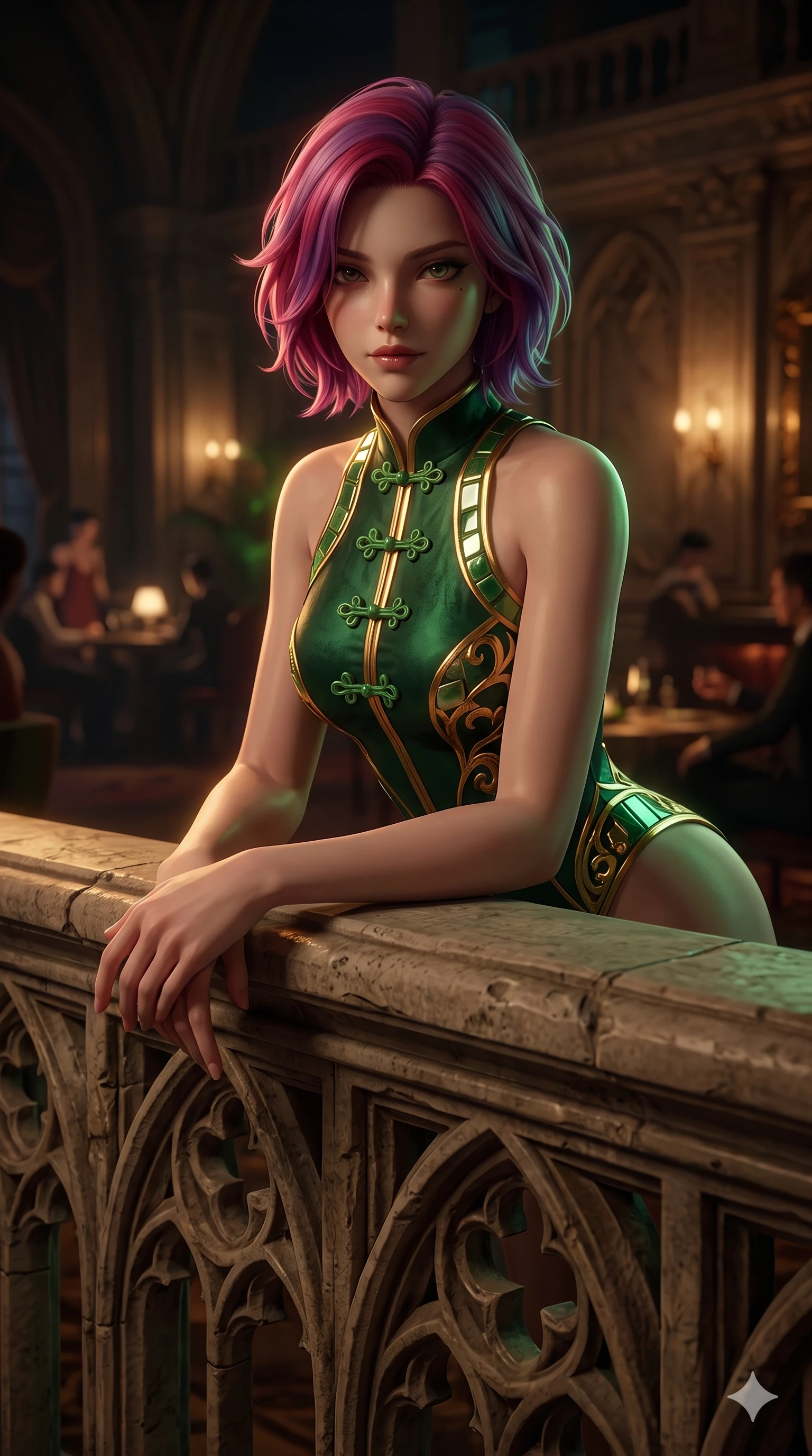 score_9, masterpiece, best quality, ultra-detailed, high-budget anime keyframe, semi-realistic 3D game render, editorial fashion photography, tasteful artistic composition, Caucasian woman. close-up cowboy shot from the waist and thighs up, the character dominates the composition, filling the frame with her large presence. leaning forward over the carved stone gothic balustrade, looking back with sleepy seductive bedroom-eyes as water reflections dance across her silhouette while twisting her slender torso in an alluring S-curve, polished green jade tiles and ambient red neon tracing her flat midriff and hourglass curves. The background shows a soft-focus exclusive high-stakes club atmosphere softened in private VIP loge shallow focus. She has an exceptionally elegant, slender, and willowy female figure with an ultra-slim waist, flat toned midriff, narrow ribcage, and sculpted feminine hips creating an alluring, slim hourglass silhouette without bulk. sharp v-shaped jawline, high-bridge nose, intricate jewel-like sparkling eyes with depth, thick eyelashes, glossy parted lips with a natural sheen, intensely captivating and seductive bedroom-eyes expression, exuding both youthful cute charm and sovereign luxury allure, flawlessly proportioned anatomical accuracy, strict slender model proportions, natural body alignment, perfectly sculpted long slender limbs, ultra-slim waistline, clean dynamic posture without body distortion. wearing a provocative sheer-illusion nanotech lace bodysuit with strategic metallic foil flocking and high-cut leg openings in deep emerald green satin and gold hardware accents, crafted from luxurious metallic lamé that shifts radiance with every step, finished with sleek jade frog closures glinting along her high collar, the form-contouring material adhering flawlessly to her sculpted flat midriff and slender torso, emphasizing her long leg lines and perfectly proportioned willowy build. bathed in low-key, high-contrast chiaroscuro lighting with narrow green and amber spotlights on the gaming table. highly saturated vibrant anime colors, detailed shading with soft gradients, rich glossy textures, high-contrast stereoscopic depth, volumetric dynamic lighting, master piece, 9:16 ratio