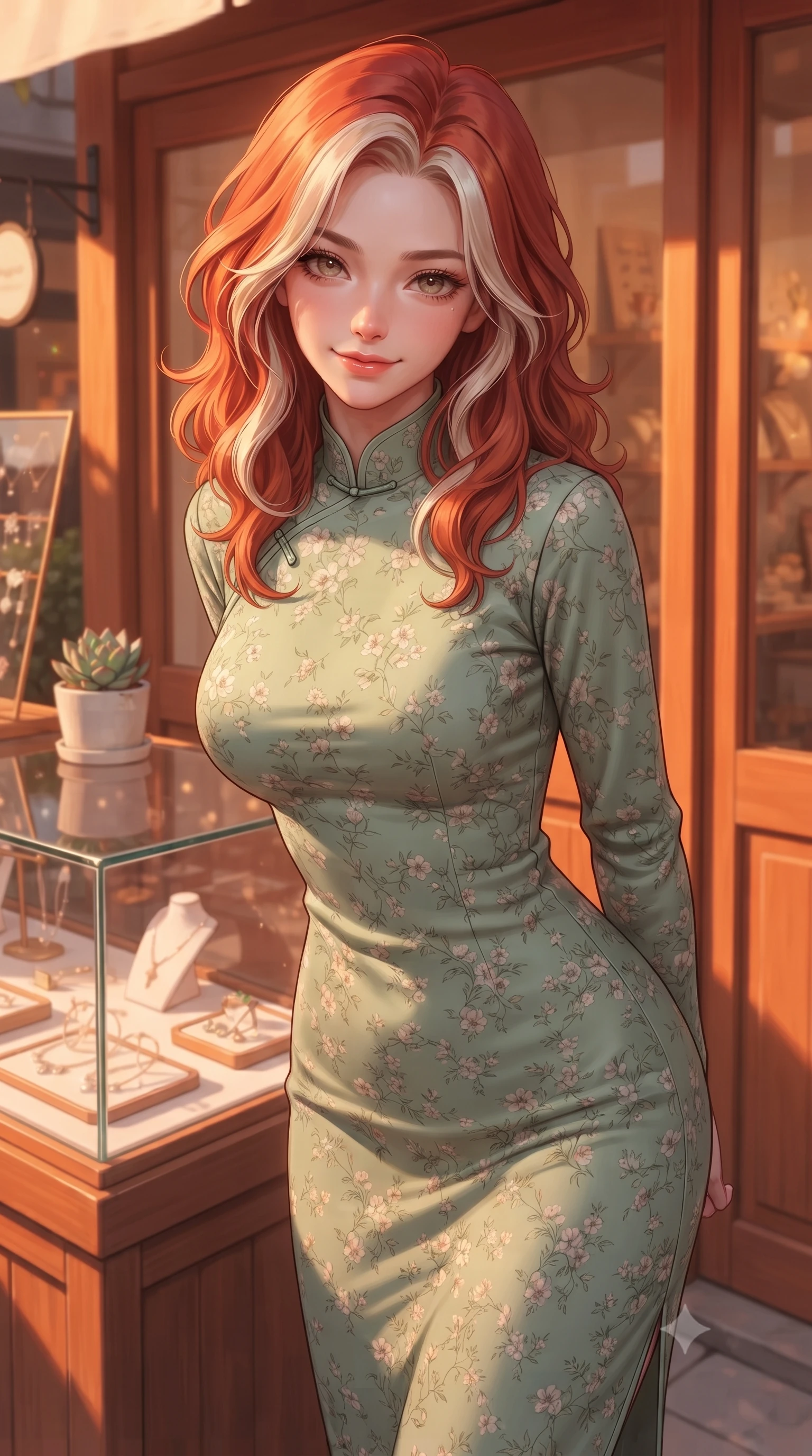 score_9, masterpiece, best quality, ultra-detailed, high-budget anime keyframe, editorial fashion photography, tasteful artistic composition, Caucasian woman. close-up cowboy shot from the waist and thighs up, the character dominates the composition, filling the frame with her large presence, background elements kept in soft focus. tilting her chin down slightly, looking up at the viewer with a sweet, charming smile set against a soft-focus background of in front of a small handmade accessory boutique with glass showcases holding a small potted succulent with a delighted, cute expression. She has an exceptionally elegant, slender, and willowy female figure with an ultra-slim waist, a gracefully sculpted slender torso, and a refined silhouette. sharp v-shaped jawline, high-bridge nose, intricate jewel-like eyes with depth, thick eyelashes, glossy lips with a natural sheen. wearing form-contouring lovely floral print midi dress in sage green, featuring a high collar and long sleeves. cozy golden hour sunset light painting the wooden shopfronts in orange. ultra-reflective glossy finish, specular highlights, metallic sheen, high-contrast stereoscopic depth, volumetric dynamic lighting, 2k, ultra detail, master piece, 9:16 ratio
