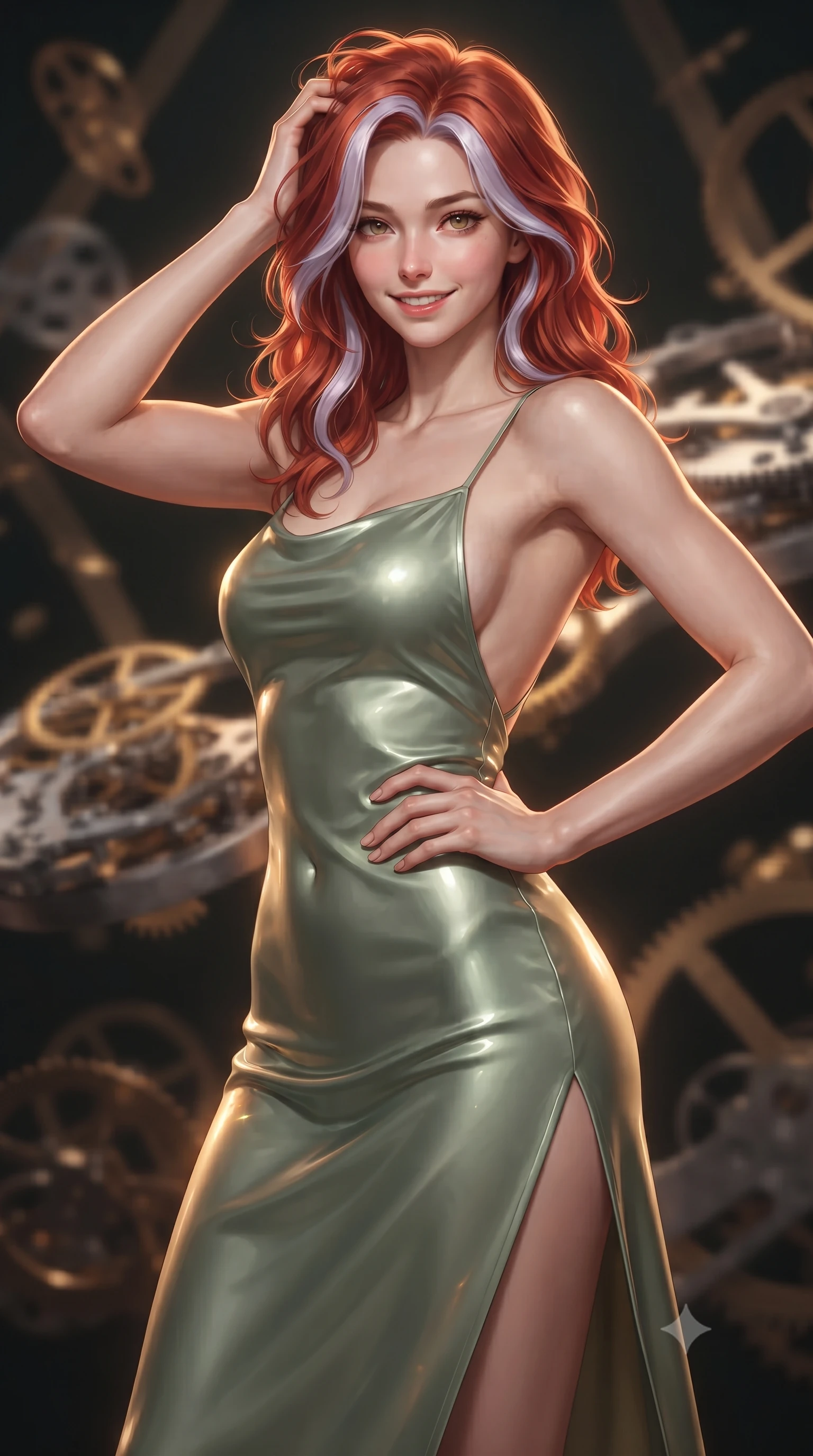 score_9, masterpiece, best quality, ultra-detailed, high-budget anime keyframe, editorial fashion photography, tasteful artistic composition, Caucasian woman. close-up cowboy shot from the waist and thighs up, the character dominates the composition, filling the frame with her large presence, background elements kept in soft focus. slowly running a hand through her hair, smiling with quiet, magnetic self-assurance directly into the camera, the background shows a soft-focus an unstable clockwork bridge suspended in a pocket dimension of floating watch gears. She has an exceptionally elegant, slender, and willowy female figure with an ultra-slim waist, a gracefully sculpted slender torso, and a refined silhouette. sharp v-shaped jawline, high-bridge nose, intricate jewel-like eyes with depth, thick eyelashes, glossy lips with a natural sheen. wearing a slim-fit lightweight silk combat slip dress in sage green, featuring a high side slit and a low-cut back. rhythmic pulses of amber chrono-energy waves casting a slow, warm glow. ultra-reflective glossy finish, specular highlights, metallic sheen, high-contrast stereoscopic depth, volumetric dynamic lighting, 2k, ultra detail, master piece, 9:16 ratio
