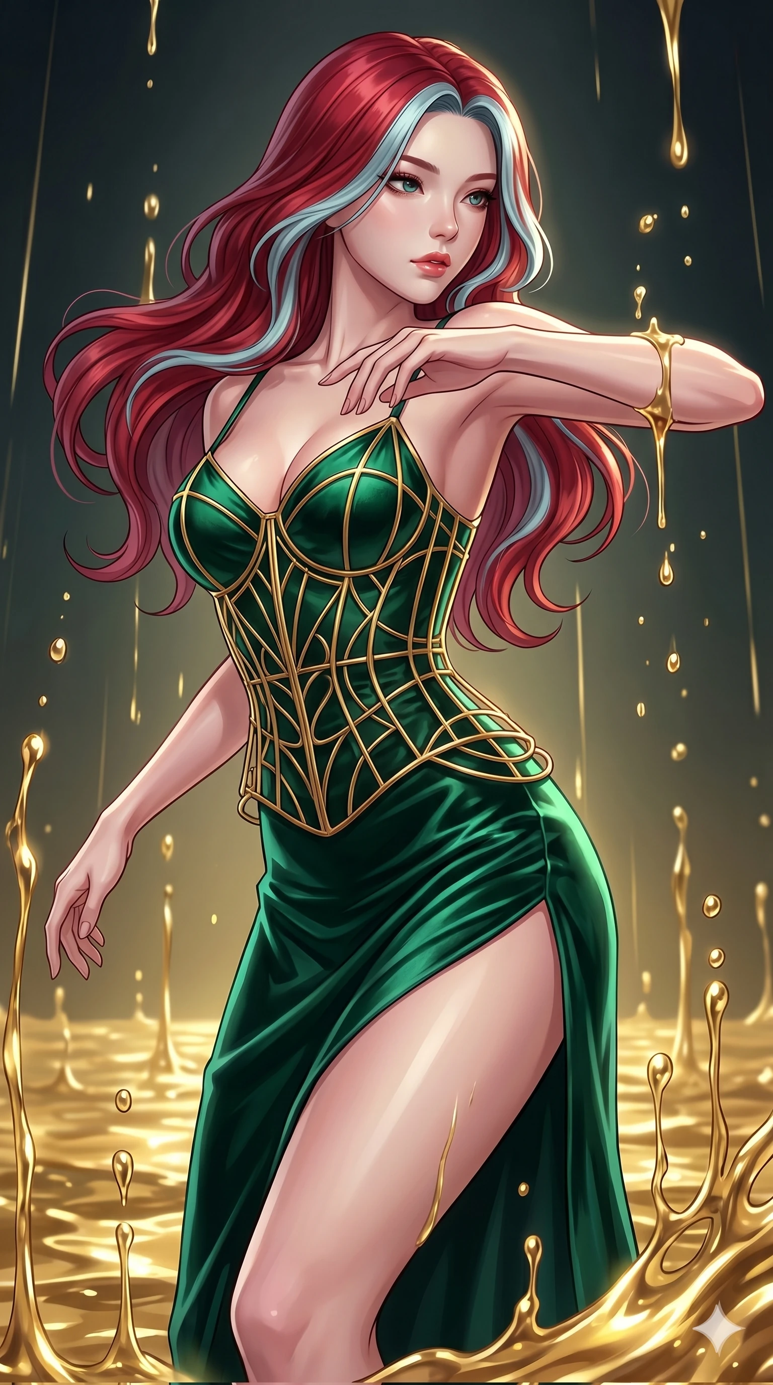 score_9, masterpiece, best quality, ultra-detailed, high-budget anime keyframe, Korean woman. upper body close-up from the thighs up, character filling the screen for maximum presence. dodging ethereal liquid gold rain that rises upward from the ground in warm shimmering droplets under an inverted gravity field. She has an absolutely perfect 8-heads proportion, an exceptionally tall and slender female figure with impossibly long slender legs and an ultra-slim waist. V-shaped jawline, high-bridge nose, intricate jewel-like eyes with depth, thick eyelashes, glossy lips with a natural sheen.. wearing a mathematical gold wire cage corset and an emerald green silk velvet slip dress with a thigh-high side slit. lit by a soft glowing ambient light and a sharp side key light that traces the sleek contours of her athletic build. 2k, ultra detail, master piece, 9:16 ratio