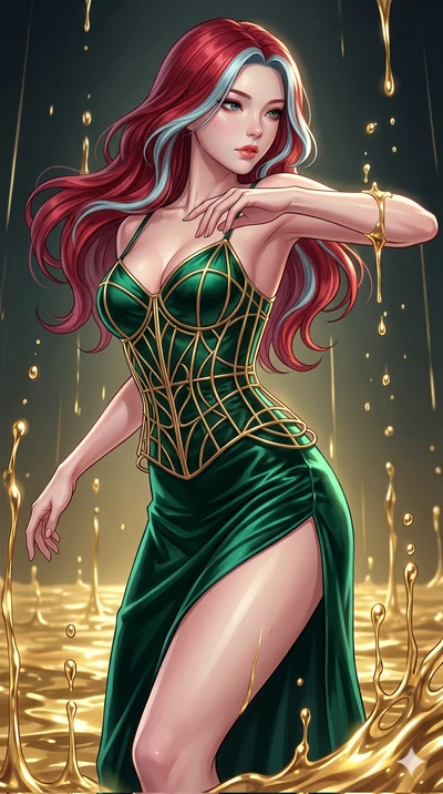 score_9, masterpiece, best quality, ultra-detailed, high-budget anime keyframe, Korean woman. upper body close-up from the thighs up, character filling the screen for maximum presence. dodging ethereal liquid gold rain that rises upward from the grou