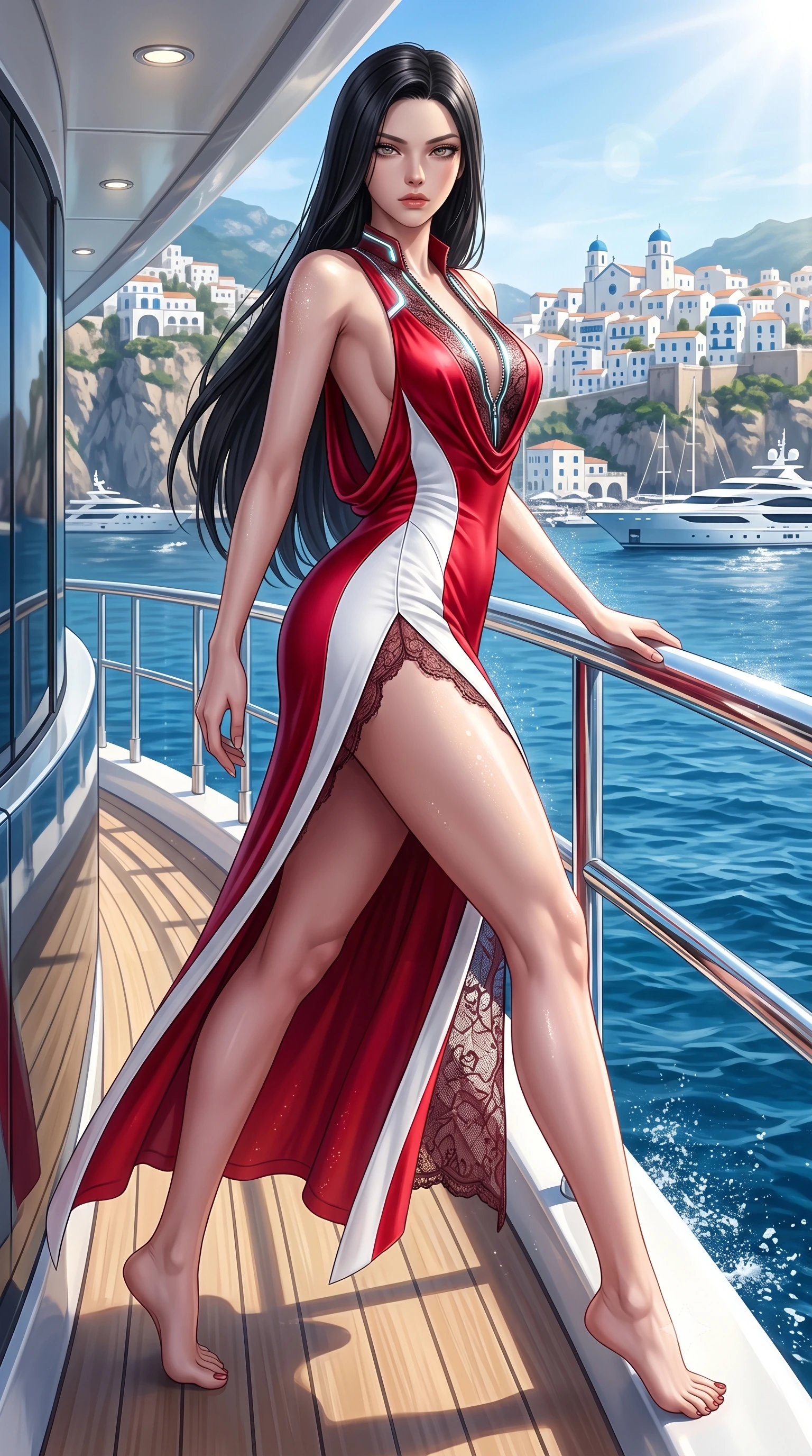 score_9, masterpiece, best quality, ultra-detailed, high-budget anime keyframe, semi-realistic 3D game render, editorial fashion photography, tasteful artistic composition, Korean woman. low angle full-body shot from head to toe showing her feet, filling the entire 9:16 vertical frame with her statuesque presence, stretching her vertical silhouette. striding forward in a proud, statuesque motion with a dangerous smolder, her vertical silhouette dominating the frame from head to toe while leaning against a polished chrome handrail with a smoldering gaze as sea spray and sunlight trace her curves. The surrounding environment is rendered in vivid detail and crisp panoramic clarity. high-contrast luxury maritime aesthetic and sun-drenched coastal views in panoramic precision. She has an absolutely perfect, statuesque 8.5-heads proportion, an exceptionally tall and slender model-like female figure with impossibly long slender legs, a toned flat midriff, and an ultra-slim waist. sharp v-shaped jawline, high-bridge nose, intricate jewel-like eyes with depth, thick eyelashes, glossy lips with a natural sheen, flawlessly proportioned anatomical accuracy, strict slender model proportions, natural body alignment, perfectly sculpted long slender limbs, ultra-slim waistline, clean dynamic posture without body distortion. wearing a precision-fitted liquid jersey bodycon dress with a dramatic draped cowl back that swoops down to her waist and a high side slit in radiant crimson silk and crisp snow white, crafted from delicate dark lace interwoven with luminescent micro-fibers, featuring a dangerously unzipped neckline framed by glowing cybernetic accents, the glove-like aerodynamic second-skin fit tightly clinging to her ultra-slender waist and athletic curves without adding bulk, accentuating her razor-sharp statuesque lines and slim hourglass silhouette. surrounded by an exclusive, sun-drenched, and unapologetically glamorous superyacht luxury aura. highly saturated vibrant anime colors, detailed shading with soft gradients, rich glossy textures, high-contrast stereoscopic depth, volumetric dynamic lighting, master piece, 9:16 ratio