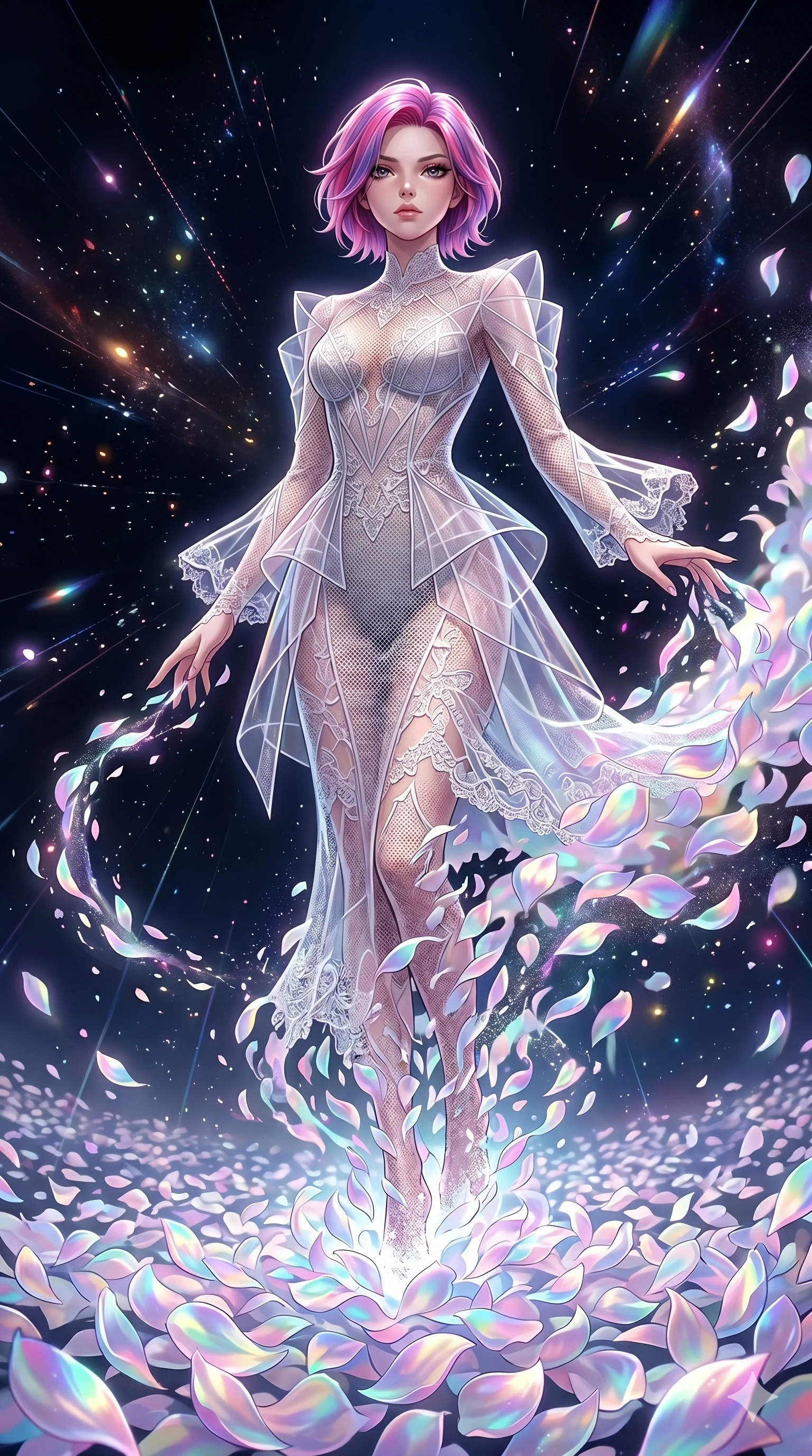 score_9, masterpiece, best quality, ultra-detailed, High-budget Anime Keyframe, East Asian woman. Low angle cowboy shot filling the entire 9:16 frame with her statuesque presence. Scenario 21: Dissolving into a cloud of iridescent silk petals in a void. Her presence is magnetic and overpowering in this high-budget anime scene. Outfit 21: A fine technical mesh texture lace avant-garde with a translucent architectural overlays and delicate lace embroidery. The clothing is designed to emphasize her exceptionally tall and slender 8-heads proportion. 8-heads proportion, towering silhouette, ultra-slim waist. sharp v-shaped jawline, intricate jewel-like eyes with depth, thick eyelashes, glossy lips. 2k, ultra detail, master piece, 9:16 ratio