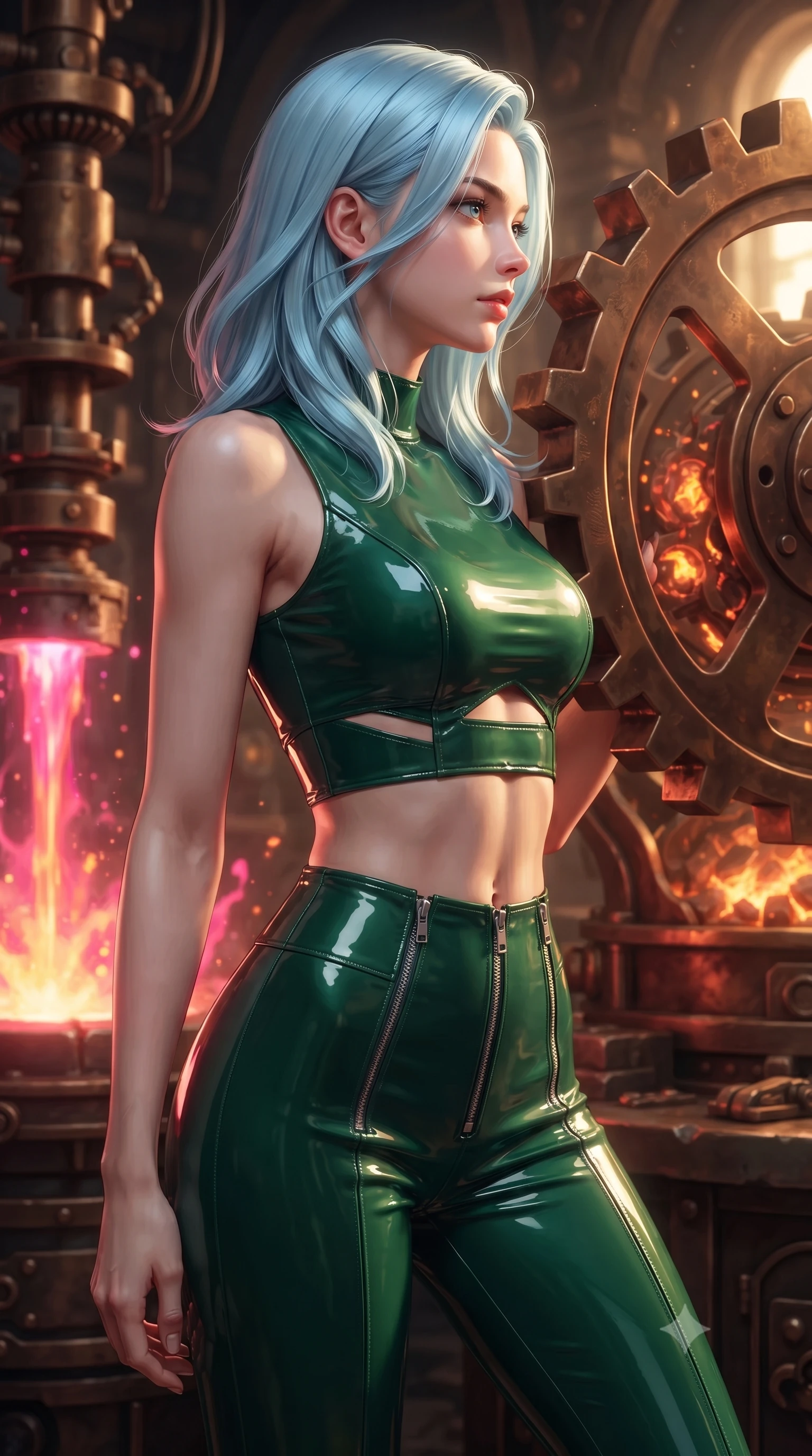 score_9, masterpiece, best quality, ultra-detailed, high-budget anime keyframe, editorial fashion photography, tasteful artistic composition, Korean woman. close-up cowboy shot from the waist and thighs up, the character dominates the composition, filling the frame with her large presence, background elements kept in soft focus. Turning her face in sharp dramatic profile against the bright light, showcasing her sharp v-shaped jawline resting against a giant bronze gear as warm furnace embers glow nearby, boiling liquid aurora energy radiating intense hot pink and orange light. She has an exceptionally elegant, slender, and willowy female figure with an ultra-slim waist, a gracefully sculpted slender torso, and a refined silhouette. sharp v-shaped jawline, high-bridge nose, intricate jewel-like eyes with depth, thick eyelashes, glossy lips with a natural sheen. wearing a glossy vinyl crop top and high-waist tailored leggings with sleek zippers in deep emerald green and silver accent, tailored from high-gloss patent leather, featuring subtle geometric cutouts that highlight her ultra-slim midriff, the form-contouring material highlighting her ultra-slim waist and long lines. illuminated by golden steam radiance and dramatic underlighting. ultra-reflective glossy finish, specular highlights, metallic sheen, high-contrast stereoscopic depth, volumetric dynamic lighting, 2k, ultra detail, master piece, 9:16 ratio