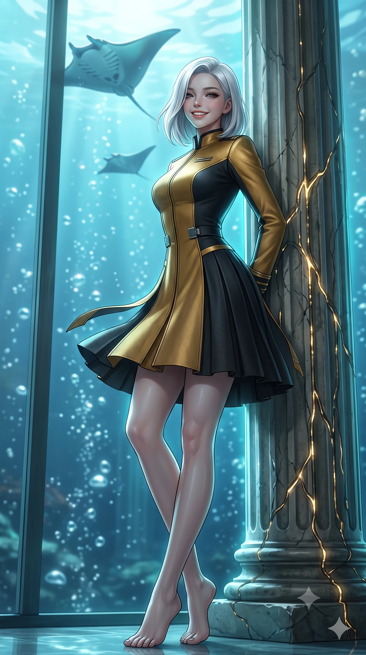 score_9, masterpiece, best quality, ultra-detailed, high-budget anime keyframe, editorial fashion photography, tasteful artistic composition, Korean woman. low angle full-body shot from head to toe showing her feet, filling the entire 9:16 vertical frame with her statuesque presence, stretching her vertical silhouette. posing in a classic haute-couture S-curve stance beside the floor-to-ceiling window, looking over a bare shoulder with magnetic presence while leaning against the ancient fluted Corinthian column reinforced with glowing cyber-veins with hips cocked back, watching cyber-manta rays glide overhead with smoldering bedroom-eyes. The background shows a soft-focus gentle rising micro-bubbles softened in underwater neo-classical sanctuary shallow focus. She has an exceptionally tall and slender model-like 8.5-heads proportion, an ultra-slim waist, a flat toned midriff, narrow delicate ribcage, and beautifully sculpted feminine hips creating a graceful, slim hourglass silhouette without any bulky heaviness, with impossibly long slender legs. sharp v-shaped jawline, high-bridge nose, intricate jewel-like sparkling eyes with depth, thick eyelashes, glossy parted lips with a natural peach sheen, bright cheerful beaming smile with an enchanting and coquettish sensual glint, exuding both youthful cute charm and seductive allure, flawlessly proportioned anatomical accuracy, strict slender model proportions, natural body alignment, perfectly sculpted long slender limbs, ultra-slim waistline, clean dynamic posture without body distortion. wearing a structured deep-space commander dress uniform with stand-up mandarin collar and pleated A-line skirt in singularity accretion gold and deep space void black, tailored from high-density tech-wool with subtle metallic thread weave, finished with sleek magnetic buckle closures fluttering in the breeze, the impeccably tailored cut draping gracefully along her slender figure with aristocratic poise. illuminated by submerged marble reflection bounce and sharp aquamarine rim lights defining her jawline, narrow waist, and curvy hips. ultra-reflective glossy finish, specular highlights, rich textural contrasts, high-contrast stereoscopic depth, volumetric dynamic lighting, 2k, ultra detail, master piece, 9:16 ratio