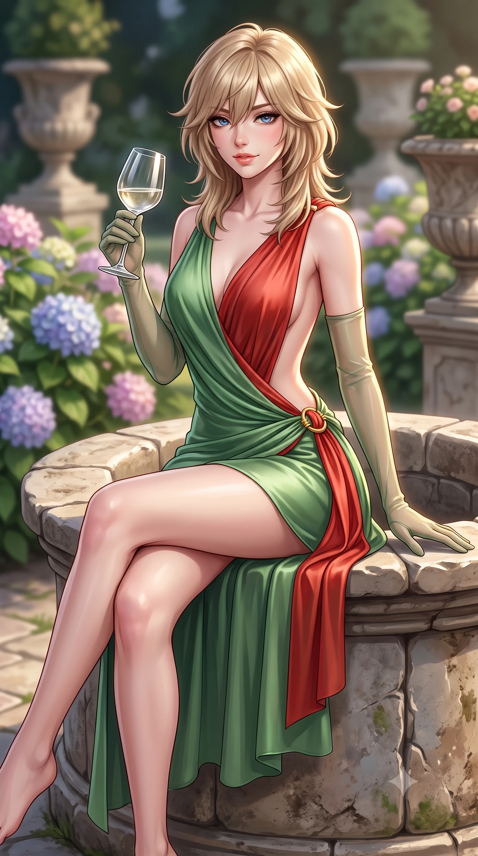 score_9, masterpiece, best quality, ultra-detailed, high-budget anime keyframe, semi-realistic 3D game render, editorial fashion photography, tasteful artistic composition, Japanese woman. close-up cowboy shot from the waist and thighs up, the character dominates the composition, filling the frame with her large presence. perched sideways on the lounge seat, one knee drawn up to showcase her slender leg line while her arched back accentuates her feminine hip curve while sitting poised on the ancient stone well-head with legs crossed, holding a crystal wine glass with effortless royal cool. The background shows a soft-focus blooming hydrangeas and stone urns softened in historic Italian garden shallow focus. She has an exceptionally elegant, slender, and willowy female figure with an ultra-slim waist, flat toned midriff, narrow ribcage, and sculpted feminine hips creating an alluring, slim hourglass silhouette without bulk. sharp v-shaped jawline, high-bridge nose, sparkling eyes with hypnotic seductive depth, thick curled eyelashes, glossy parted lips with a natural dewy peach sheen, alluring bedroom-eyes with an enchanting coquettish smile, exuding magnetic siren charisma and sophisticated glamour, flawlessly proportioned anatomical accuracy, strict slender model proportions, natural body alignment, perfectly sculpted long slender limbs, ultra-slim waistline, clean dynamic posture without body distortion. wearing a draped Greek-goddess style silk chiffon mini toga dress with an open back and golden hip fibula in Kyoto bamboo jade and lacquer vermilion, crafted from fluid liquid silk satin that clings smoothly to every curve with a dewy sheen, complemented by sheer opera-length evening gloves tracing her slender arms, the second-skin tailored fabric adhering flawlessly to her sculpted flat midriff and slender torso, emphasizing her long leg lines and perfectly proportioned willowy build. illuminated by stone terrace reflection bounce and sharp warm-gold rim lights sculpting her razor-sharp jawline, narrow waist, and curvy hips. highly saturated vibrant anime colors, detailed shading with soft gradients, rich glossy textures, high-contrast stereoscopic depth, volumetric dynamic lighting, master piece, 9:16 ratio