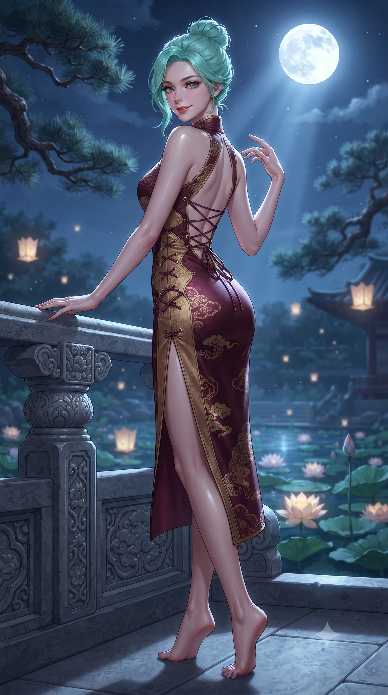 score_9, masterpiece, best quality, ultra-detailed, high-budget anime keyframe, editorial fashion photography, tasteful artistic composition, Japanese woman. low angle full-body shot from head to toe showing her feet, filling the entire 9:16 vertical frame with her statuesque presence, stretching her vertical silhouette. standing in a tall, confident posture with one hand on the carved palace railing, stretching her statuesque body as she arches her lower back to emphasize her sculpted feminine hips and slender waist while sitting gracefully on the carved granite terrace of Buyongjeong pavilion above the tranquil lotus pond, arching her back with timeless regal grace under cold moonlight. The background shows a soft-focus ancient gnarled pine branches and floating paper lotus lanterns softened in royal Joseon shallow focus. She has an absolutely perfect, statuesque 8.5-heads proportion, an exceptionally tall and slender model-like female figure with impossibly long slender legs, an ultra-slim waist, a flat toned midriff, narrow delicate ribcage, and beautifully sculpted feminine hips creating a graceful, slim hourglass silhouette without any bulky heaviness. sharp v-shaped jawline, high-bridge nose, intricate jewel-like dark sparkling almond eyes with depth, thick lashes, glossy parted lips with a natural rose-plum sheen, bright alluring and coquettish smile with bedroom-eyes, exuding both timeless oriental elegance and sovereign high-fashion allure, flawlessly proportioned anatomical accuracy, strict slender model proportions, natural body alignment, perfectly sculpted long slender limbs, ultra-slim waistline, clean dynamic posture without body distortion. wearing a backless lace-up silk sundress with traditional cloud embroidery and an ultra-fitted hip-hugging silhouette in deep wine burgundy and brushed antique gold, tailored from fine crisp cotton-linen with clean structural lines, finished with criss-cross back satin laces tracing her slender spine, the high-waisted wrap tailoring accentuating her ultra-slim waistline and the enchanting curve of her feminine hips with alluring oriental charm. bathed in cold silver moonlight cascading down from a brilliant full moon overhead. ultra-reflective glossy finish, specular highlights, rich textural contrasts, high-contrast stereoscopic depth, volumetric dynamic lighting, 2k, ultra detail, master piece, 9:16 ratio