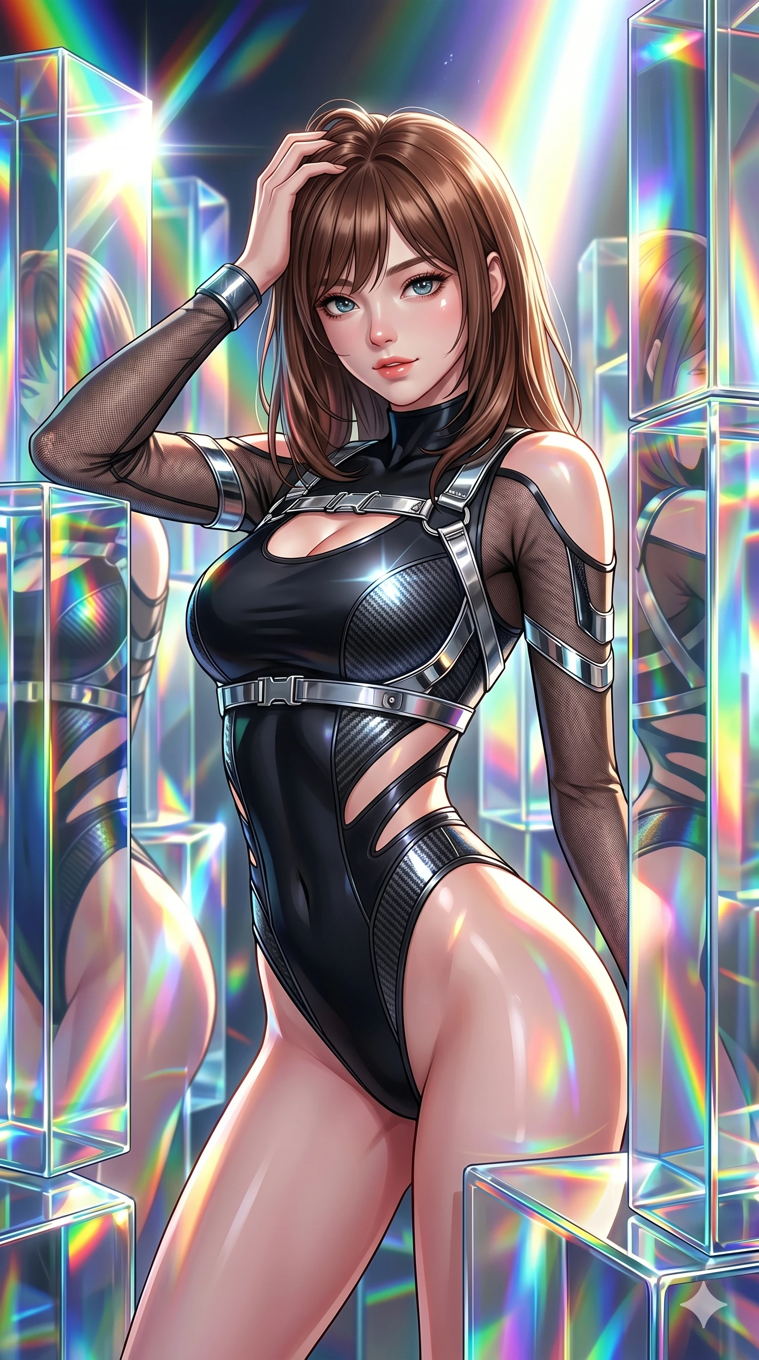 score_9, masterpiece, best quality, ultra-detailed, high-budget anime keyframe, editorial fashion photography, tasteful artistic composition, Korean woman. Upper body close-up from the thighs up, character filling the screen for maximum presence. She is bending sideways dynamically, reflecting in a maze of giant prismatic glass blocks that shower bright spectrums of light. She runs a hand through her hair with a playful, teasing expression. She has an absolutely perfect 8-heads proportion, an exceptionally tall and slender female figure with impossibly long slender legs and an ultra-slim waist. V-shaped jawline, high-bridge nose, intricate jewel-like eyes with depth, thick eyelashes, glossy lips with a natural sheen. She is wearing an ultra-sleek high-cut tech-bodysuit featuring dangerous diagonal slitted cutouts on the midriff and shoulders, reinforced by a metallic silver harness and sheer mesh sleeves. The scene is drenched in blindingly bright rainbow prismatic spotlights with sharp specular highlights. 2k, ultra detail, master piece, 9:16 ratio