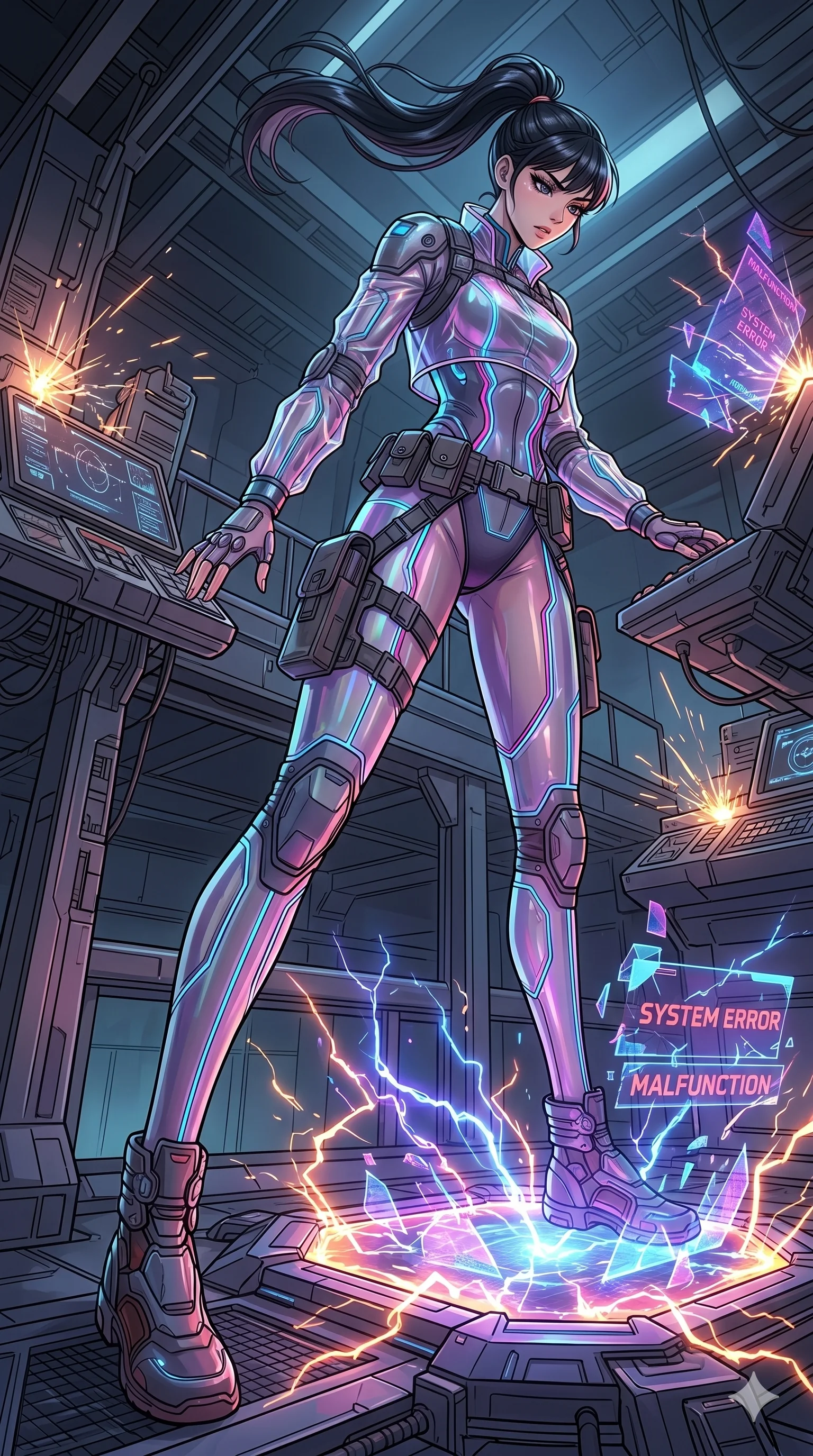 score_9, masterpiece, best quality, ultra-detailed, high-budget anime movie keyframe, cinematic anime lighting, intricate line art, Japanese woman. Dynamic full-body shot stretching the vertical silhouette with extreme perspective. operating a teleportation pad that starts to malfunction and spark. She has an absolutely perfect 8-heads proportion, an exceptionally tall and slender female figure with an ultra-slim waist and impossibly long slender legs. strictly human anatomy, two legs only, no extra limbs, clearly defined legs and arms, perfect anatomy, perfect hands and fingers. sharp v-shaped jawline, high-bridge nose, intricate jewel-like eyes, thick eyelashes, glossy lips. Wearing Tech-Fantasy: Cybernetic tech-suit with glowing seams, translucent PVC over leotard, and modular tactical gear. The scene is illuminated by dramatic atmospheric lighting and vibrant color palettes. , 2k, ultra detail, master piece, 9:16 ratio