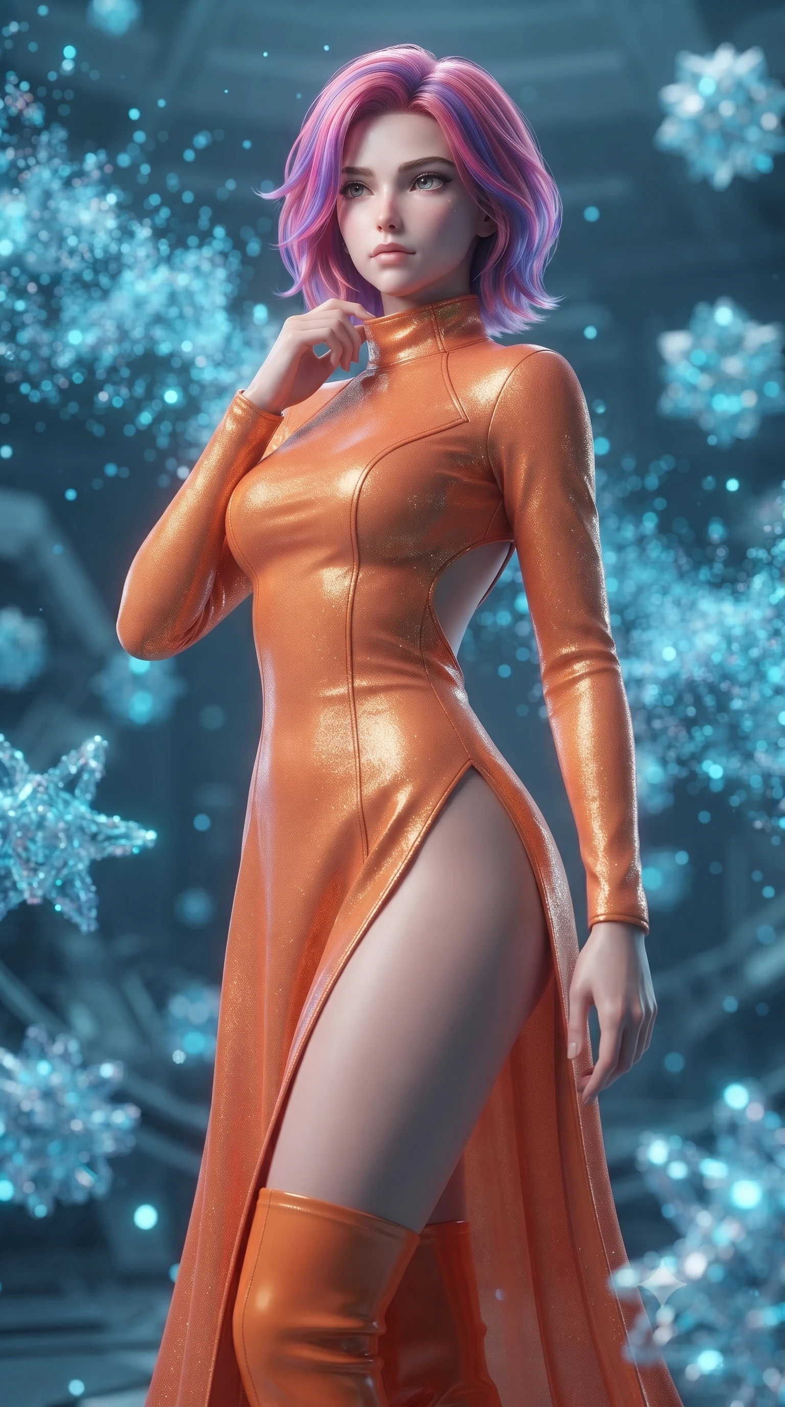 score_9, masterpiece, best quality, ultra-detailed, high-budget anime keyframe, editorial fashion photography, tasteful artistic composition, Caucasian woman. close-up cowboy shot from the waist and thighs up, the character dominates the composition, filling the frame with her large presence, background elements kept in soft focus. adjusting the high collar of her body-hugging suit, looking past the camera with quiet, sharp focus and a composed expression, the background shows a soft-focus a nanite assembly chamber filled with floating, shimmering blue particle clouds. She has an exceptionally elegant, slender, and willowy female figure with an ultra-slim waist, a gracefully sculpted slender torso, and a refined silhouette. sharp v-shaped jawline, high-bridge nose, intricate jewel-like eyes with depth, thick eyelashes, glossy lips with a natural sheen. wearing a tailored high-slit space combat gown in sunset orange chiffon, featuring a daring thigh-slit and an open-back design. shimmering nanite clouds casting a soft cyan glow on her refined features. ultra-reflective glossy finish, specular highlights, metallic sheen, high-contrast stereoscopic depth, volumetric dynamic lighting, 2k, ultra detail, master piece, 9:16 ratio
