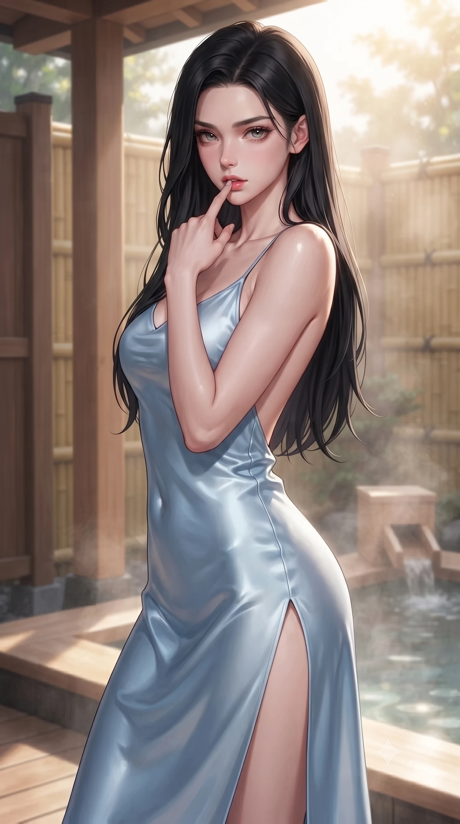 score_9, masterpiece, best quality, ultra-detailed, high-budget anime keyframe, editorial fashion photography, tasteful artistic composition, Korean woman woman. close-up cowboy shot from the waist and thighs up, the character dominates the composition, filling the frame with her large presence, background elements kept in soft focus. pressing one finger to her bottom lip in a thoughtful, seductive gesture under the warm sun the background shows a soft-focus a wooden deck of a private hot spring (onsen) with cedar wood partitions and bamboo fences. She has an exceptionally elegant, slender, and willowy female figure with an ultra-slim waist, a gracefully sculpted slender torso, and a refined silhouette. sharp v-shaped jawline, high-bridge nose, intricate jewel-like eyes with depth, thick eyelashes, glossy lips with a natural sheen. wearing a form-contouring lightweight silk slip dress in baby blue with a high side slit and a low-cut back. soft morning mist diffusing the warm sunbeams, creating a tranquil atmosphere. ultra-reflective glossy finish, specular highlights, metallic sheen, high-contrast stereoscopic depth, volumetric dynamic lighting, 2k, ultra detail, master piece, 9:16 ratio