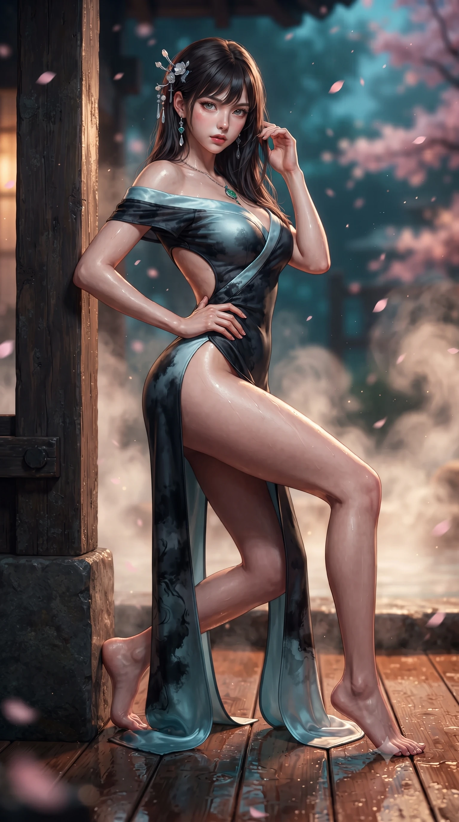 score_9, masterpiece, best quality, ultra-detailed, high-budget anime keyframe, editorial fashion photography, tasteful artistic composition, Korean woman. low angle full-body shot from head to toe showing her feet, filling the entire 9:16 vertical frame with her statuesque presence, stretching her vertical silhouette. leaning deep against the structural architecture with hips cocked in an unapologetically bold, seductive high-fashion stance while kneeling gracefully on the warm wet cedar deck, one hand resting on her bare hip as thermal steam caresses her feminine curves. The composition keeps background elements in soft focus with creamy bokeh. swirling thermal steam clouds and falling sakura petals blurred into soft blossom-pink, warm amber, and deep cyan bokeh. She has an absolutely perfect, statuesque 8.5-heads proportion, an exceptionally tall and slender model-like female figure with impossibly long slender legs, a toned flat midriff, an ultra-slim waist, and beautifully sculpted feminine hips. sharp v-shaped jawline, high-bridge nose, intricate jewel-like eyes with depth, thick eyelashes, glossy parted lips with a natural sheen, intensely captivating and seductive bedroom-eyes expression, flawlessly proportioned anatomical accuracy, strict slender model proportions, natural body alignment, perfectly sculpted long slender limbs, ultra-slim waistline, clean dynamic posture without body distortion. wearing a backless off-shoulder silk kimono gown with fluttering drapes and an ultra-high side slit in dark ink-wash black and radiant moonlight cyan, made of flexible second-skin stretch neoprene with specular sheen, accented with mother-of-pearl hair ornaments and a carved jade pendant, the precision-cut side openings and low-back scoop framing her graceful spine and the sensual sweep of her hips. illuminated by wet specular reflections accentuating her sculpted collarbones, narrow waist, and curvy hips. ultra-reflective glossy finish, specular highlights, rich textural contrasts, high-contrast stereoscopic depth, volumetric dynamic lighting, 2k, ultra detail, master piece, 9:16 ratio