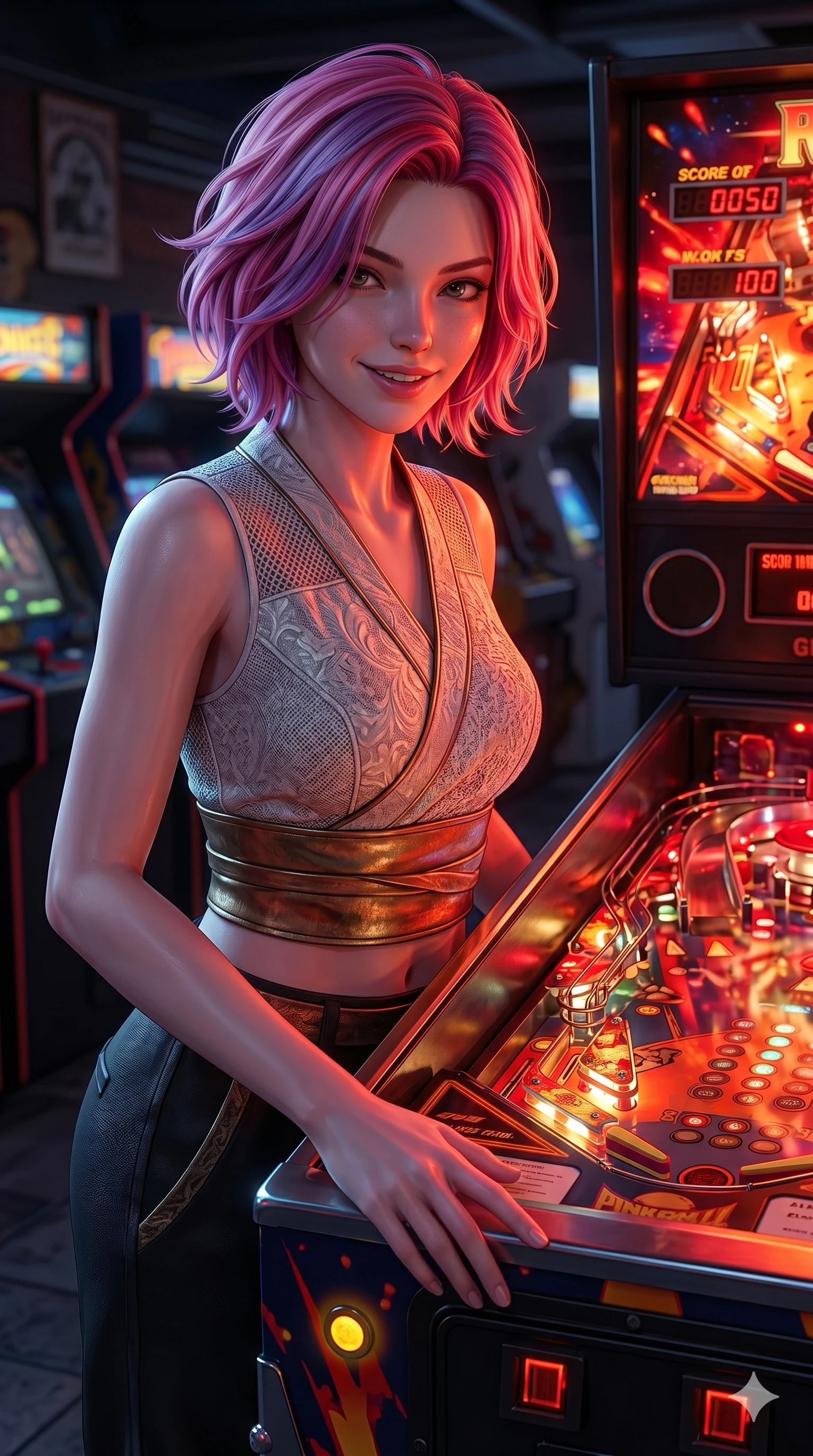 score_9, masterpiece, best quality, ultra-detailed, high-budget anime keyframe, semi-realistic 3D game render, Caucasian woman, strictly human ears. Upper body close-up from the thighs up, character filling the screen for maximum presence. Standing next to a glowing pinball machine, resting one hand on the glass, looking towards the camera with a playful grin. She is wearing a cropped wrap top with delicate textured panels and a metallic sash. The scene is lit by the vibrant red and orange flashing lights of the pinball game. 2k, ultra detail, master piece, 9:16 ratio