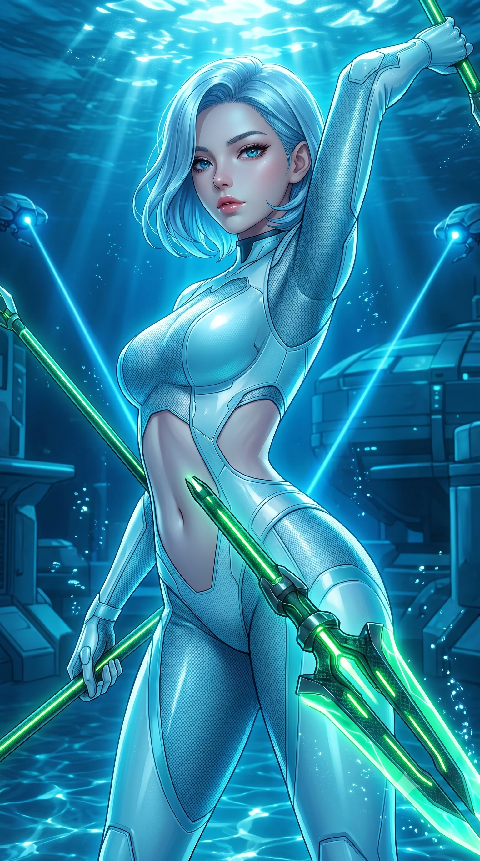 score_9, masterpiece, best quality, ultra-detailed, high-budget anime keyframe, semi-realistic 3D game render, editorial fashion photography, tasteful artistic composition, Korean woman. close-up cowboy shot from the waist and thighs up, the character dominates the composition, filling the frame with her large presence. stretching forward with an alluring arch of her spine, glancing over her shoulder with divine self-assurance and magnetic intensity while arching her back in a fluid roll as dual laser aiming beams cut through the blue aquatic ambient gloom. The surrounding environment is rendered in vivid detail and crisp panoramic clarity. deep oceanic chiaroscuro and high-tech undersea architecture captured with environmental sharpness. She has an exceptionally elegant, slender, and willowy female figure with an ultra-slim waist, a gracefully sculpted slender torso, toned flat midriff, and a refined slim silhouette. sharp v-shaped jawline, high-bridge nose, intricate jewel-like eyes with depth, thick eyelashes, glossy lips with a natural sheen, flawlessly proportioned anatomical accuracy, strict slender model proportions, natural body alignment, perfectly sculpted long slender limbs, ultra-slim waistline, clean dynamic posture without body distortion. wearing an ultra-sleek glacial-cyan and white carbon-mesh combat bodysuit with frost-resistant plating, holding a glowing high-frequency cryo-energy spear with commanding poise in emerald green carbon composite with glowing lime laser channels, made of lightweight aerodynamic carbon-titanium alloy with polished edge bevels, detailed with magnetic weapon holsters and polished chrome connection clasps, the precision-cut daring openings accentuating her delicate midriff, graceful bare collarbones, and ultra-slim feminine waistline. bathed in luminous sapphire and cyan aquatic backlighting with glittering water surface caustics. rich saturated anime colors with glowing neon highlights, detailed shading with soft gradients, rich glossy textures, high-contrast stereoscopic depth, volumetric dynamic lighting, master piece, 9:16 ratio