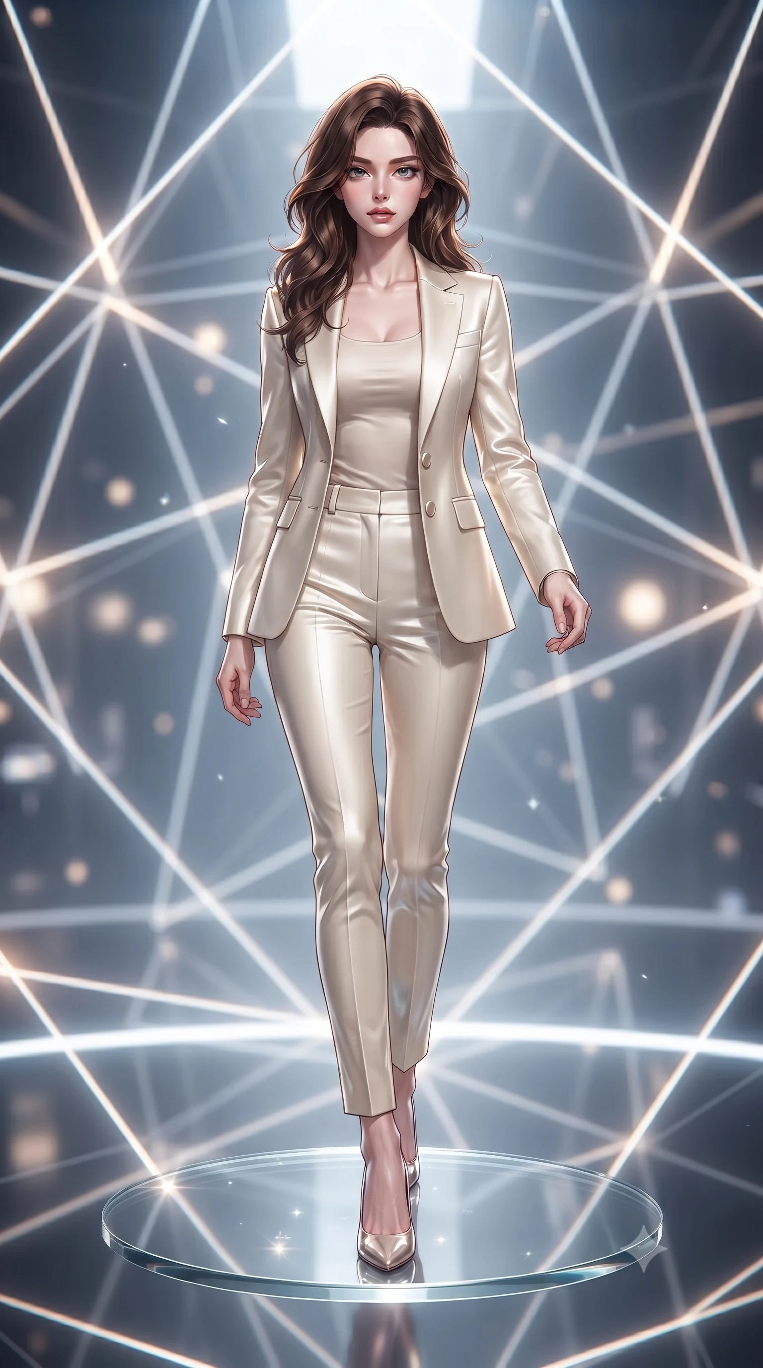 score_9, masterpiece, best quality, ultra-detailed, high-budget anime keyframe, editorial fashion photography, tasteful artistic composition, Korean woman. low angle full-body shot from head to toe showing her feet, filling the entire 9:16 vertical frame with her statuesque presence, stretching her vertical silhouette. stepping forward with proud posture, filling the vertical frame with her magnetic presence poised on a floating glass disk suspended inside a geometric light matrix, fine light patterns reflecting off glossy surfaces on her outfit. She has an absolutely perfect, statuesque 8.5-heads proportion, an exceptionally tall and slender model-like female figure with impossibly long slender legs and an ultra-slim waist. sharp v-shaped jawline, high-bridge nose, intricate jewel-like eyes with depth, thick eyelashes, glossy lips with a natural sheen. wearing a tailored cream silk blazer over a form-contouring scoop-neck top and fitted trousers, the sleek second-skin texture accentuating her magnetic presence. surrounded by a vibrant fluorescent aura with bright rim highlights. ultra-reflective glossy finish, specular highlights, metallic sheen, high-contrast stereoscopic depth, volumetric dynamic lighting, 2k, ultra detail, master piece, 9:16 ratio