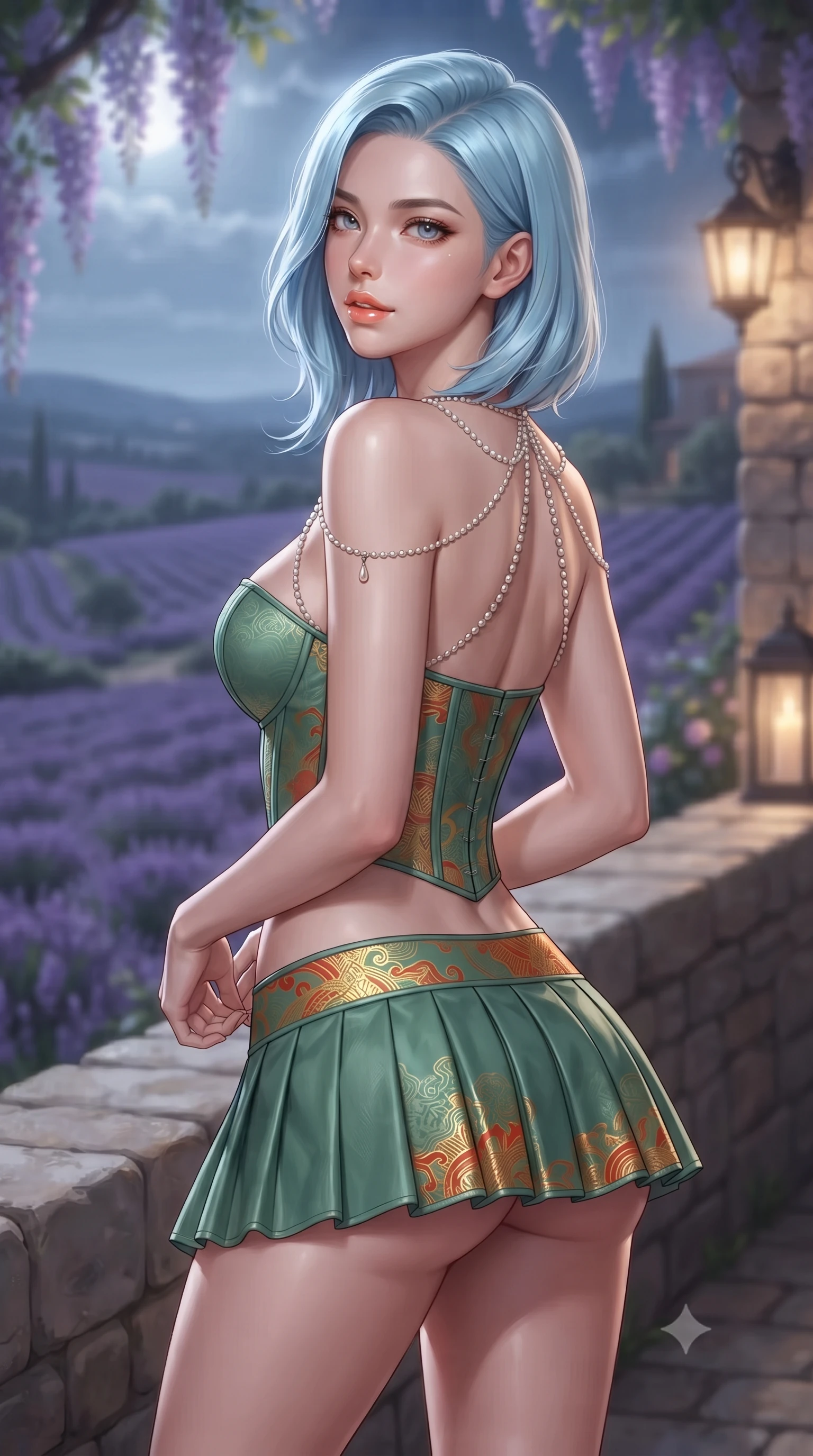 score_9, masterpiece, best quality, ultra-detailed, high-budget anime keyframe, editorial fashion photography, tasteful artistic composition, Korean woman. close-up cowboy shot from the waist and thighs up, the character dominates the composition, filling the frame with her large presence. posing in an alluring rear three-quarter angle, looking over a bare shoulder with parted glossy lips, her hips cocked back to highlight her slim hourglass curve while standing poised on the ancient stone rampart of the hilltop château, arching her lower back with sovereign siren grace as rolling purple lavender valleys stretch under full moonlight. The background shows a soft-focus wisteria vines softened in romantic Provençal midnight shallow focus. She has an exceptionally elegant, slender, and willowy female figure with an ultra-slim waist, flat toned midriff, narrow ribcage, and sculpted feminine hips creating an alluring, slim hourglass silhouette without bulk. sharp v-shaped jawline, high-bridge nose, intricate jewel-like sparkling eyes with depth, thick eyelashes, glossy parted lips with a natural peach sheen, bright cheerful beaming smile with an enchanting and coquettish sensual glint, exuding both youthful cute charm and seductive allure, flawlessly proportioned anatomical accuracy, strict slender model proportions, natural body alignment, perfectly sculpted long slender limbs, ultra-slim waistline, clean dynamic posture without body distortion. wearing a structured boned corset top paired with an ultra-short low-rise pleated micro mini skirt in Tanjong Pagar Peranakan jade green and gilded vermilion, woven from buttery-soft stretch lambskin leather adhering to her body like a second skin, accented with a pearl-drop body harness subtly framing her dewy collarbones and spine, the glove-like clinging cut tightly following the natural contour of her hips and long slender legs with youthful 8.5-heads elegance. bathed in ethereal silver 4500K moonlight illuminating the lavender valley combined with warm 2400K stone wall lanterns. ultra-reflective glossy finish, specular highlights, rich textural contrasts, high-contrast stereoscopic depth, volumetric dynamic lighting, 2k, ultra detail, master piece, 9:16 ratio