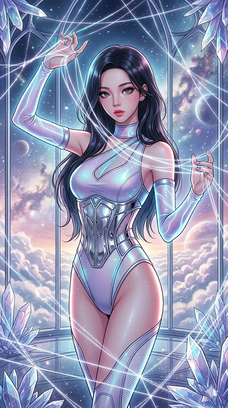 score_9, masterpiece, best quality, ultra-detailed, high-budget anime movie keyframe, cinematic anime lighting, intricate line art, Caucasian (strictly human ears) woman. Upper body filling screen focusing on her alluring features and slim-fit silhouette. weaving threads of light in a crystal palace above the clouds in a mist of stardust. She has an absolutely perfect 8-heads proportion, an exceptionally tall and slender female figure with an ultra-slim waist and impossibly long slender legs. sharp v-shaped jawline, high-bridge nose, intricate jewel-like eyes, thick eyelashes, glossy lips. Wearing asymmetrical high-cut tech-bodysuit with detached glowing sleeves, chrome-plated mechanical corset, and bioluminescent mesh panels clinging to her slender figure. The scene is illuminated by dramatic atmospheric lighting and vibrant color palettes. , 2k, ultra detail, master piece, 9:16 ratio