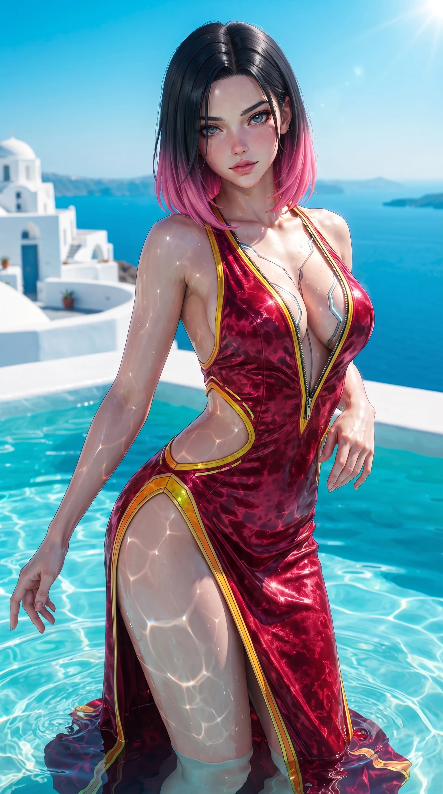 score_9, masterpiece, best quality, ultra-detailed, high-budget anime keyframe, editorial fashion photography, tasteful artistic composition, Korean woman. close-up cowboy shot from the waist and thighs up, the character dominates the composition, filling the frame with her large presence. twisting her upper body in a dynamic S-curve with an alluring smolder, one hand trailing along her slender waist while standing waist-deep in crystal-clear turquoise pool water as radiant midday sunbeams cast dancing caustic reflections across her torso. The surrounding environment is rendered in vivid detail and crisp panoramic clarity. crisp white Greek caldera architecture, turquoise water caustics, and endless azure sea horizon in deep focus. She has an exceptionally elegant, slender, and willowy female figure with an ultra-slim waist, a gracefully sculpted slender torso, toned flat midriff, and a refined slim silhouette. sharp v-shaped jawline, high-bridge nose, intricate jewel-like eyes with depth, thick eyelashes, glossy lips with a natural sheen, flawlessly proportioned anatomical accuracy, strict slender model proportions, natural body alignment, perfectly sculpted long slender limbs, ultra-slim waistline, clean dynamic posture without body distortion. wearing a backless crimson crushed velvet gown with a deep plunging V-neckline, strategic hip cutouts, and an ultra-high thigh slit in vibrant sunburst canary yellow and gold trim, made of liquid metal jersey that clings flawlessly to every contour of her build, featuring a dangerously unzipped neckline framed by glowing cybernetic accents, the glove-like aerodynamic second-skin fit tightly clinging to her ultra-slender waist and athletic curves without adding bulk, accentuating her razor-sharp statuesque lines and slim hourglass silhouette. surrounded by a bright, luxurious, and intensely alluring sun-drenched resort atmosphere. ultra-reflective glossy finish, specular highlights, metallic sheen, high-contrast stereoscopic depth, volumetric dynamic lighting, 2k, ultra detail, master piece, 9:16 ratio