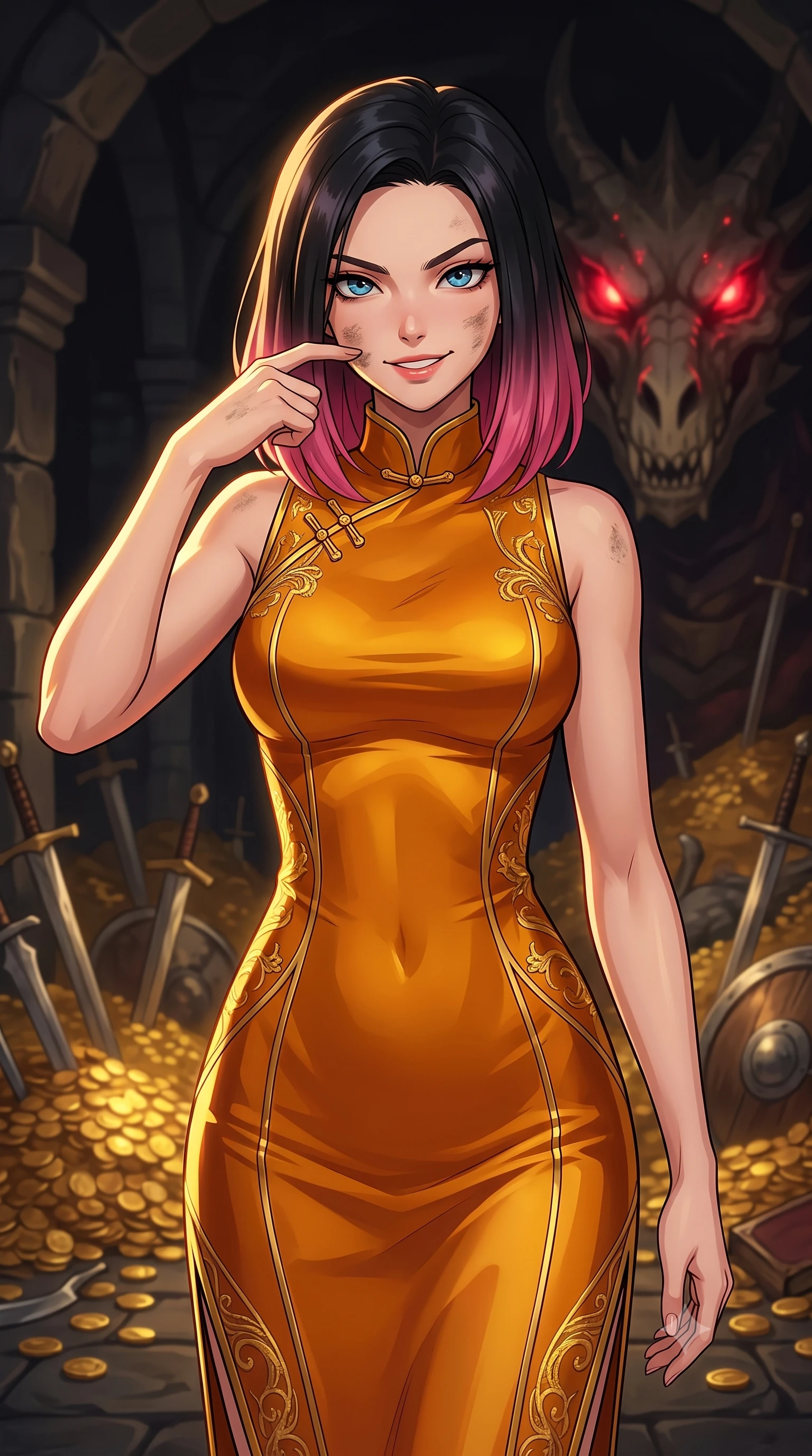 score_9, masterpiece, best quality, ultra-detailed, high-budget anime keyframe, clean line-art, cel-shading, Korean woman. close-up cowboy shot from the waist and thighs up, the character dominates the composition, filling the frame with her large presence, background elements kept in soft focus. Wiping a smudge of dust from her cheek with a confident, defiant grin. set against a soft-focus background of a dark stone tomb filled with gold coins and weapons, where a dragon skull's eyes glow with red magical embers. She has an exceptionally elegant and slender, willowy female figure with an ultra-slim waist, a gracefully sculpted slender torso, and a refined slim physique. sharp v-shaped jawline, high-bridge nose, intricate jewel-like eyes with depth, thick eyelashes, glossy lips with a natural sheen. wearing tailored for maximum mobility, sleek form-contouring panels that allow fluid movement, a body-hugging form-contouring qipao-inspired midi dress in liquid amber silk with a mandarin collar, catching gold reflections along her curves. dramatic chiaroscuro with a single golden key light sculpting her silhouette. highly saturated vibrant anime colors, intense vivid color palette, volumetric dynamic lighting, 2k, ultra detail, master piece, 9:16 ratio