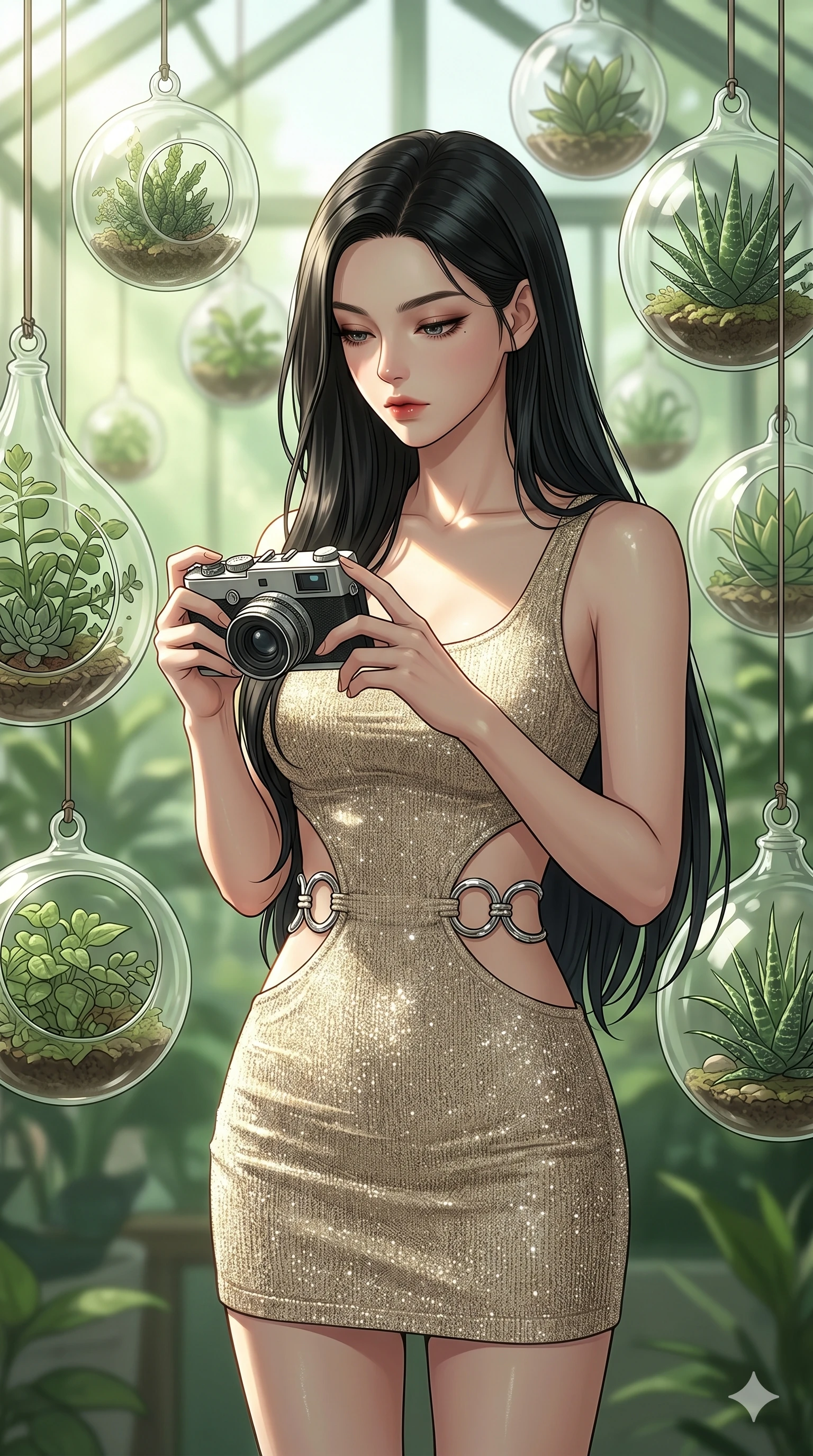 score_9, masterpiece, best quality, ultra-detailed, high-budget anime keyframe, editorial fashion photography, tasteful artistic composition, Korean woman. cowboy shot from the thighs up, character and outfit filling the frame for maximum editorial presence. holding a camera, looking down with lowered lashes in a composed gesture inside a sun-drenched conservatory with suspended glass plant globes (Code-P19-071). She has an absolutely perfect 8-heads proportion, an exceptionally tall and slender female figure with impossibly long slender legs and an ultra-slim waist. V-shaped jawline, high-bridge nose, intricate jewel-like eyes with depth, thick eyelashes, glossy lips with a natural sheen. wearing a bodycon resort dress in glittering sand-textured knit, with dramatic waist cutouts framed by chrome rings. soft green ambient light with a sharp sunbeam tracing her silhouette and clavicle. 2k, ultra detail, master piece, 9:16 ratio