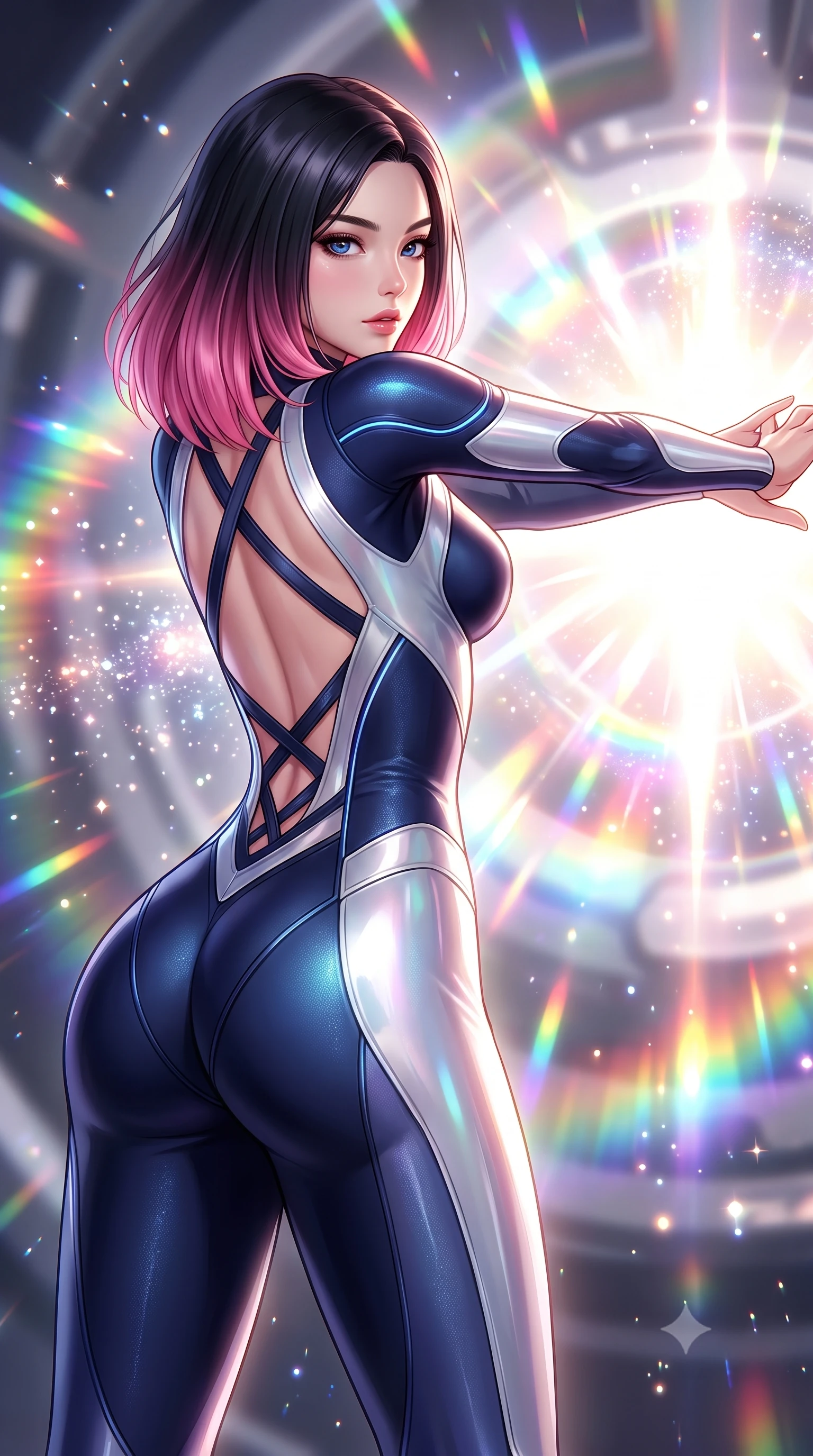 score_9, masterpiece, best quality, ultra-detailed, high-budget anime keyframe, semi-realistic 3D game render, editorial fashion photography, tasteful artistic composition, Korean woman. close-up cowboy shot from the waist and thighs up, the character dominates the composition, filling the frame with her large presence. stretching forward with an alluring arch of her spine, glancing over her shoulder with divine self-assurance and magnetic intensity while arching her spine in a fluid zero-gravity stretch with arms outstretched toward the glowing heart of the warp core. The composition keeps background elements in soft focus with creamy bokeh. sparkling subatomic light particles scattering celestial brilliance across the background. She has an exceptionally elegant, slender, and willowy female figure with an ultra-slim waist, a gracefully sculpted slender torso, toned flat midriff, and a refined slim silhouette. sharp v-shaped jawline, high-bridge nose, intricate jewel-like eyes with depth, thick eyelashes, glossy lips with a natural sheen, flawlessly proportioned anatomical accuracy, strict slender model proportions, natural body alignment, perfectly sculpted long slender limbs, ultra-slim waistline, clean dynamic posture without body distortion. wearing an ultra-sleek aerodynamic tech-jumpsuit sculpted tightly to her figure, accented with glowing fiber-optic spine lines in deep midnight navy blue and pure starlight chrome, crafted from delicate iridescent organza interwoven with luminescent micro-fibers, complemented by criss-cross back straps highlighting her completely bare spine, the form-contouring material adhering flawlessly to her sculpted flat midriff and slender torso, emphasizing her long leg lines and perfectly proportioned willowy build. bathed in brilliant white-hot warp core radiance and saturated rainbow particle prism refractions. rich saturated anime colors with glowing neon highlights, detailed shading with soft gradients, rich glossy textures, high-contrast stereoscopic depth, volumetric dynamic lighting, master piece, 9:16 ratio