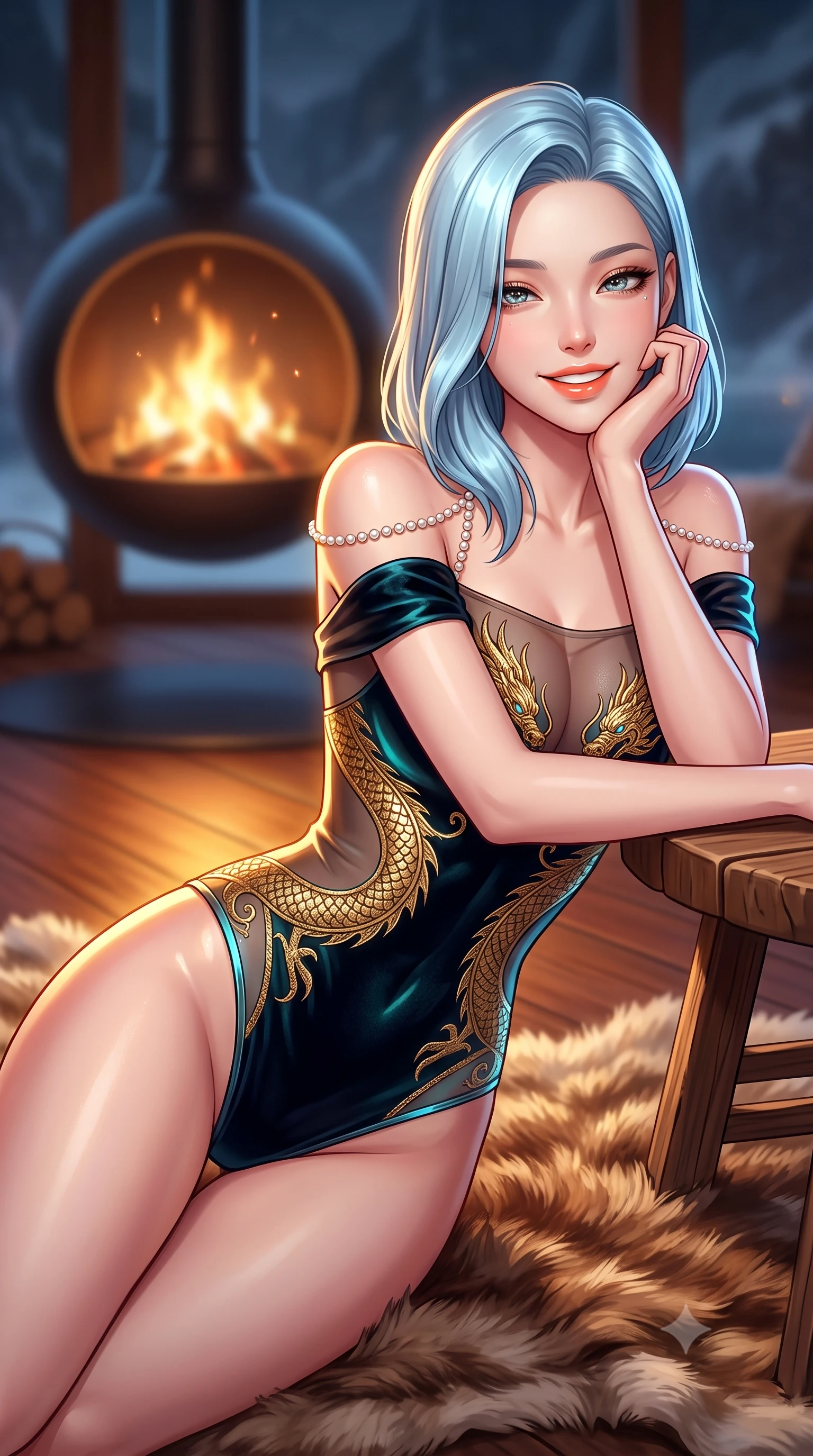 score_9, masterpiece, best quality, ultra-detailed, high-budget anime keyframe, semi-realistic 3D game render, editorial fashion photography, tasteful artistic composition, Korean woman. close-up cowboy shot from the waist and thighs up, the character dominates the composition, filling the frame with her large presence. resting one elbow on the table and supporting her chin, leaning close to the camera with heavy-lidded sparkling eyes and parted lips while twisting her slender torso in an alluring S-curve on the plush reindeer hide rug, dancing hearth embers highlighting her narrow waist. The background shows a soft-focus circular suspended steel fireplace flames softened in dramatic fjord sanctuary shallow focus. She has an exceptionally elegant, slender, and willowy female figure with an ultra-slim waist, flat toned midriff, narrow ribcage, and sculpted feminine hips creating an alluring, slim hourglass silhouette without bulk. sharp v-shaped jawline, high-bridge nose, intricate jewel-like sparkling eyes with depth, thick eyelashes, glossy parted lips with a natural peach sheen, bright cheerful beaming smile with an enchanting and coquettish sensual glint, exuding both youthful cute charm and seductive allure, flawlessly proportioned anatomical accuracy, strict slender model proportions, natural body alignment, perfectly sculpted long slender limbs, ultra-slim waistline, clean dynamic posture without body distortion. wearing an off-the-shoulder sheer illusion mesh evening bodysuit with gold dragon-scale embroidery contouring her hourglass waist in Neo-Carthage holographic cyan and solar chrome, tailored from ultra-plush silk velvet with rich tactile depth and deep shadow gradients, accented with a pearl-drop body harness subtly framing her dewy collarbones and spine, the glove-like clinging cut tightly following the natural contour of her hips and long slender legs with youthful 8.5-heads elegance. illuminated by teak floor bounce and sharp flame-gold rim lights defining her razor-sharp jawline, narrow waist, and curvy hips. highly saturated vibrant anime colors, detailed shading with soft gradients, rich glossy textures, high-contrast stereoscopic depth, volumetric dynamic lighting, master piece, 9:16 ratio