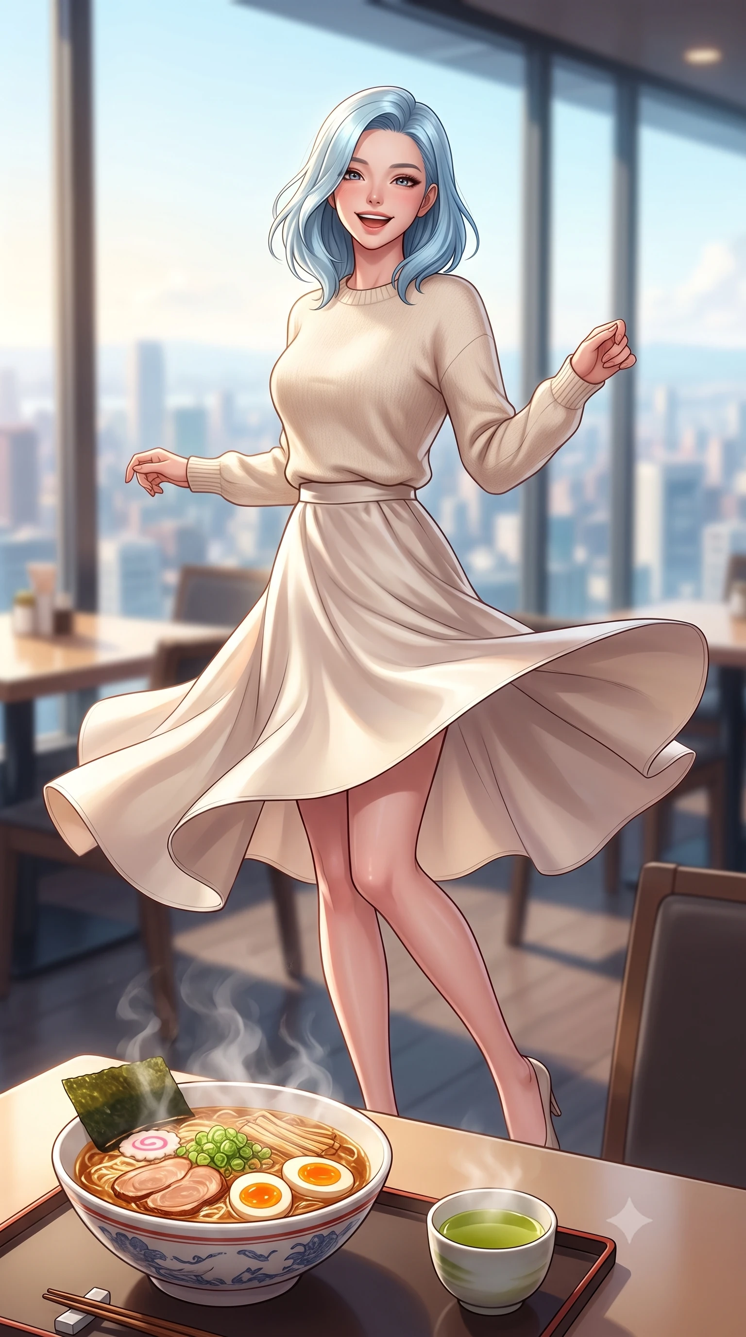 score_9, masterpiece, best quality, ultra-detailed, high-budget anime keyframe, editorial fashion photography, tasteful artistic composition, Korean woman. low angle full-body shot from head to toe showing her feet, filling the entire 9:16 vertical frame with her statuesque presence, stretching her vertical silhouette. twirling around with a playful, cute laugh, her skirt billowing beautifully in the air set against a soft-focus background of inside a modern rooftop restaurant overlooking a bright city skyline with a steaming bowl of ramen and a small cup of hot green tea nearby. She has an absolutely perfect, statuesque 8.5-heads proportion, an exceptionally tall and slender model-like female figure with impossibly long slender legs and an ultra-slim waist. sharp v-shaped jawline, high-bridge nose, intricate jewel-like eyes with depth, thick eyelashes, glossy lips with a natural sheen. wearing tailored cozy cashmere sweater in cream, paired with a satin midi skirt. gentle, warm ambient lighting highlighting the delicious food and her face. highly saturated vibrant anime colors, detailed shading with soft gradients, rich glossy textures, high-contrast stereoscopic depth, volumetric dynamic lighting, master piece, 9:16 ratio