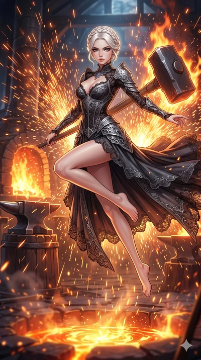score_9, masterpiece, best quality, ultra-detailed, Set C: High-budget Anime Keyframe, Korean woman. Low angle cowboy shot filling the entire 9:16 frame with her statuesque presence. Leaping through a shower of sparks from a giant blacksmith's forge.