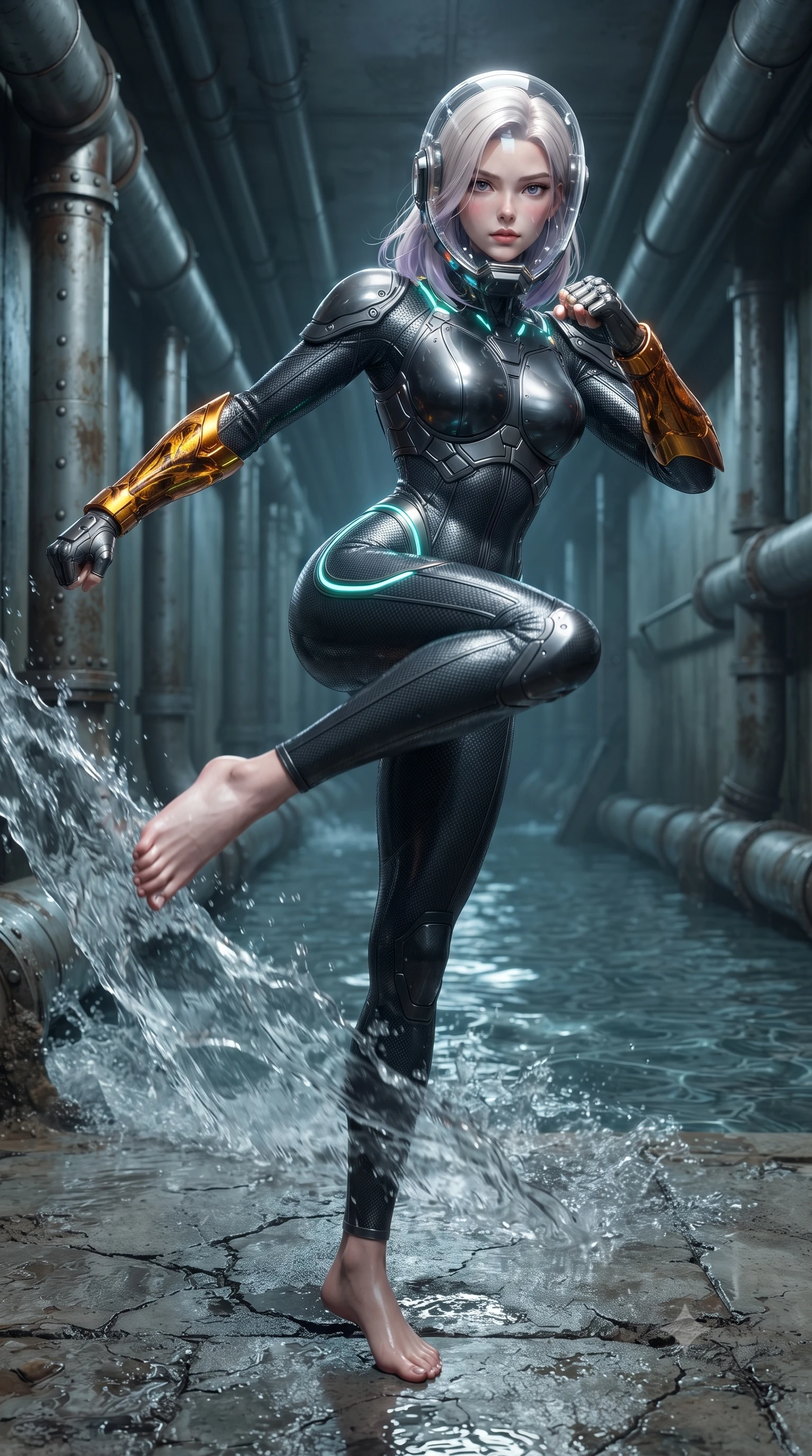 score_9, masterpiece, best quality, ultra-detailed, high-budget anime keyframe, editorial fashion photography, tasteful artistic composition, Caucasian woman. low angle full-body shot from head to toe showing her feet, filling the entire 9:16 vertical frame with her statuesque presence, stretching her vertical silhouette. pivoting dynamically in a high-speed low sweep kick along the cracked concrete, her athletic torso and ultra-slim waist twisting in a fluid arc of power while sliding across the wet floor into a low sweep stance, sending a high-pressure wave of water cascading toward the camera. The surrounding environment is rendered in vivid detail and crisp panoramic clarity. detailed drainage pipe rivets, water ripple caustics, and mud-scuffed armor accents in high resolution. She has an absolutely perfect, statuesque 8.5-heads proportion, an exceptionally tall and slender model-like female figure with impossibly long slender legs, a toned flat midriff, and an ultra-slim waist. sharp v-shaped jawline, high-bridge nose, intricate jewel-like eyes with depth, thick eyelashes, glossy lips with a natural sheen, fierce and resolute heroine expression, flawlessly proportioned anatomical accuracy, strict slender model proportions, natural body alignment, perfectly sculpted long slender limbs, ultra-slim waistline, clean dynamic posture without body distortion. wearing a crystal-clear transparent armored riot-visor helmet showing her entire beautiful face and determined expression with pristine clarity, paired with a skin-tight dark carbon-weave combat bodysuit with glowing neon energy conduits and reinforced Damascus-pattern forearm strike guards in molten amber-gold carbon cuirass with dark gunmetal weave, made of lightweight aerodynamic carbon-titanium alloy with precision-beveled armor seams, accented with glowing fiber-optic telemetry conduits tracing her collarbones and hip curves, the form-contouring material adhering flawlessly to her sculpted flat midriff and slender torso, emphasizing her long leg lines and perfectly proportioned willowy build. surrounded by an agile, lethal, and breathtakingly athletic aquatic infiltration operative aura. ultra-reflective glossy finish, specular highlights, dark metallic sheen, high-contrast stereoscopic depth, volumetric dynamic lighting, 2k, ultra detail, master piece, 9:16 ratio