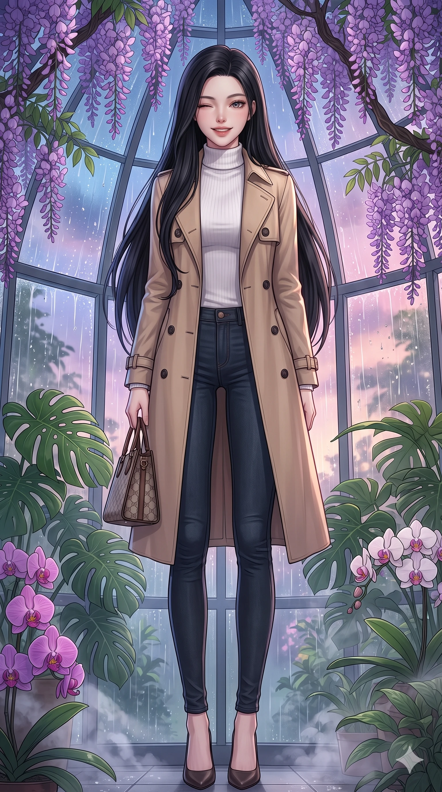 score_9, masterpiece, best quality, ultra-detailed, high-budget anime keyframe, vibrant anime aesthetic, Korean woman. low angle full-body shot from head to toe showing her feet, filling the entire 9:16 vertical frame with her statuesque presence, stretching her vertical silhouette. She is standing under wisteria vines, winking with a cheerful and lively face, looking directly into the lens surrounded by fresh morning mist. inside a glass greenhouse dome filled with tropical monstera and orchids, with heavy rain pouring outside on the glass panels (Code-P22-031). She has an absolutely perfect 8-heads proportion, an exceptionally tall and slender female figure with impossibly long slender legs and an ultra-slim waist. V-shaped jawline, high-bridge nose, intricate jewel-like eyes with depth, thick eyelashes, glossy lips with a natural sheen. wearing a classic beige trench coat over a white turtleneck sweater and dark skinny jeans with a designer bag. She is lit by vibrant twilight sky reflections, tracing her shoulders and neckline, outlining her perfect 8-heads proportion during a refreshing sun shower. 2k, ultra detail, master piece, 9:16 ratio