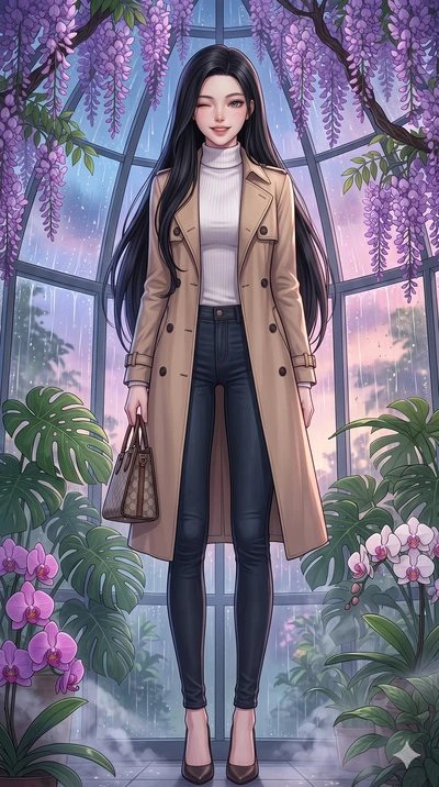 score_9, masterpiece, best quality, ultra-detailed, high-budget anime keyframe, vibrant anime aesthetic, Korean woman. low angle full-body shot from head to toe showing her feet, filling the entire 9:16 vertical frame with her statuesque presence, st